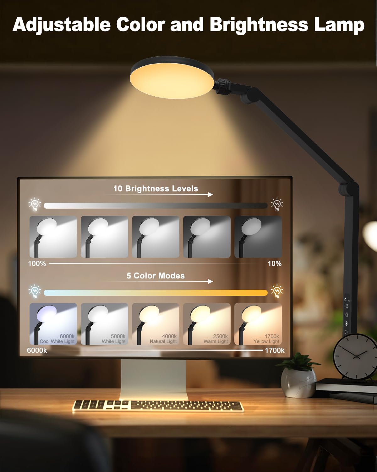 ZAPLIT 16W LED Desk Lamp with I-Clamp, [5 Color Modes 10 Brightness Dimmable] Clip on Architect Lamp, 30 60 Min Auto Timer, Touch Control Office Lamp for Home, Office, Task - Adapter Included