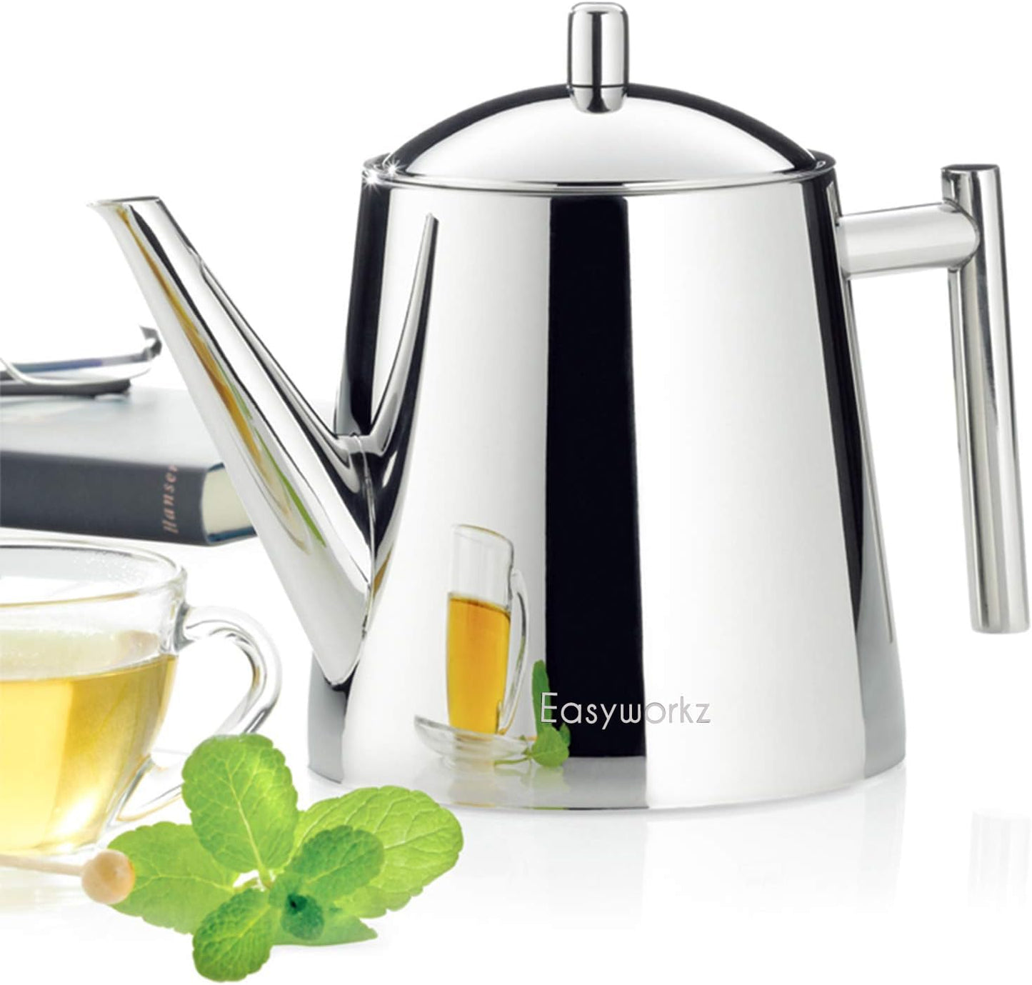 Easyworkz Stainless Steel Double Wall 34 oz (1000ml) Tea Pot with Removable Tea Infuser, Perfect for Brewing Your Favorite Tea, Chrome