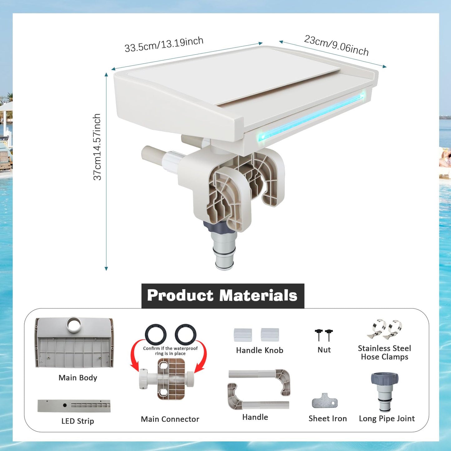 Pool Waterfall with 7-Color LED Lights, Swimming Pool Waterfall Fountain for Above Ground Pools, Smooth Flowing Waterfall with Light for Relaxation, Adjustable Width Fits 1.2" to 4.7" Frames