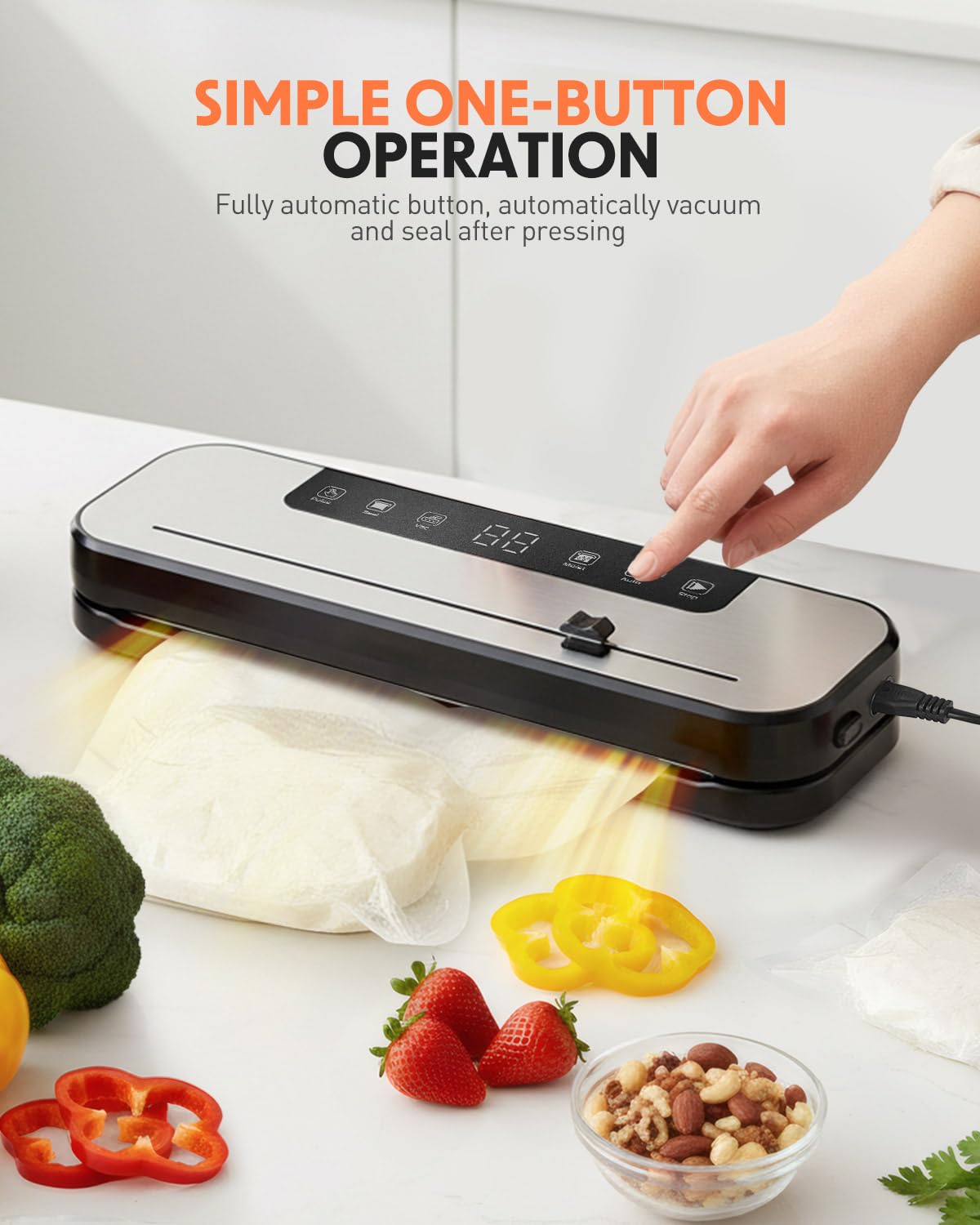 Vacuum Sealer Machine 75kPa Powerful Suction, 6-in-1 Food Vacuum Sealer with Built-in Cutter, Dry & Moist Modes, Stainless Steel Compact Design, Sous Vide Compatible, Includes 50 Vacuum Bags