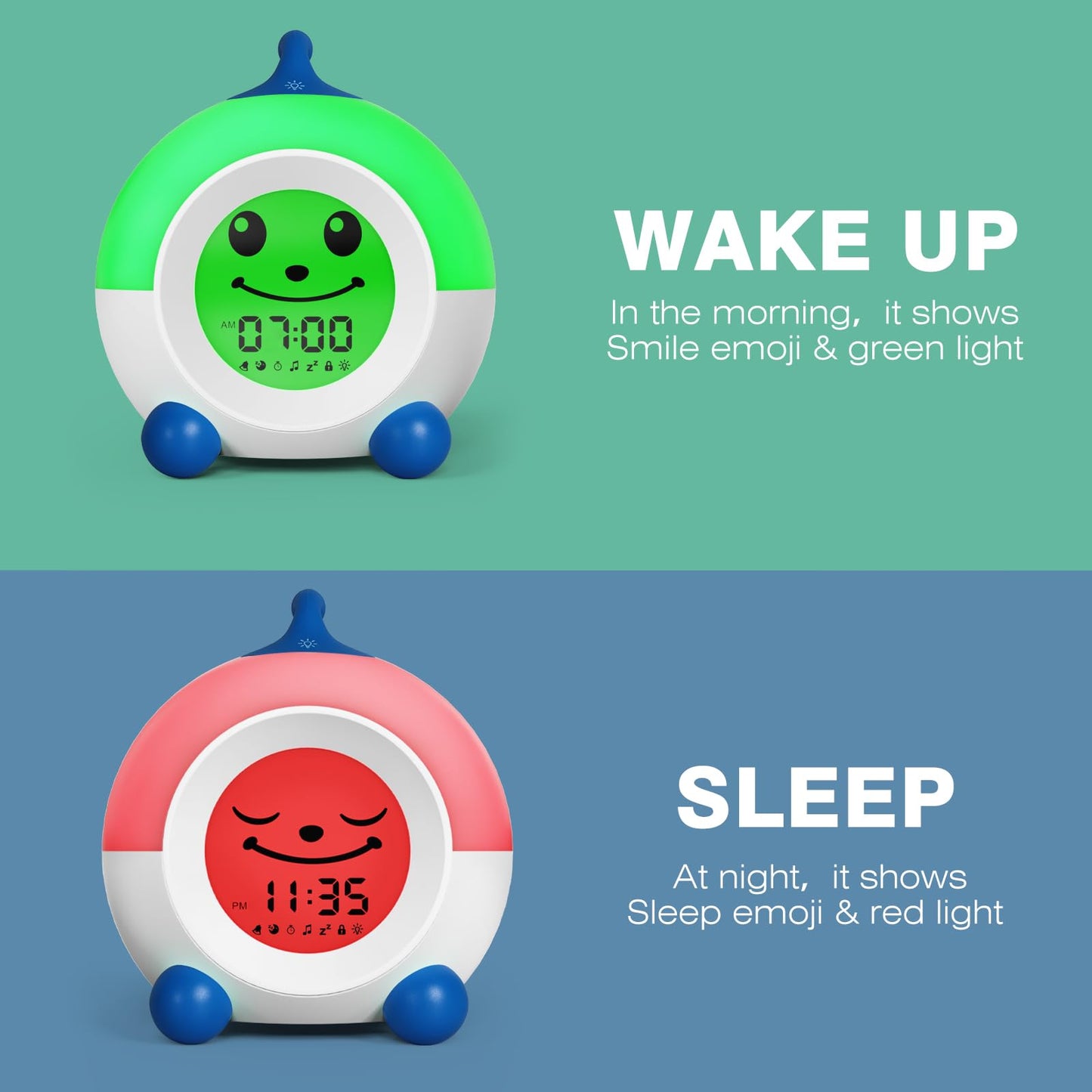 I·CODE Teach Me Time Kids Alarm Clock, Children's Sleep Trainer with Emoji,Toddler Sleep Aid Night Light with Auto-Off Timer,Perfect for 2-9 Years Old Younger Children (Blue)