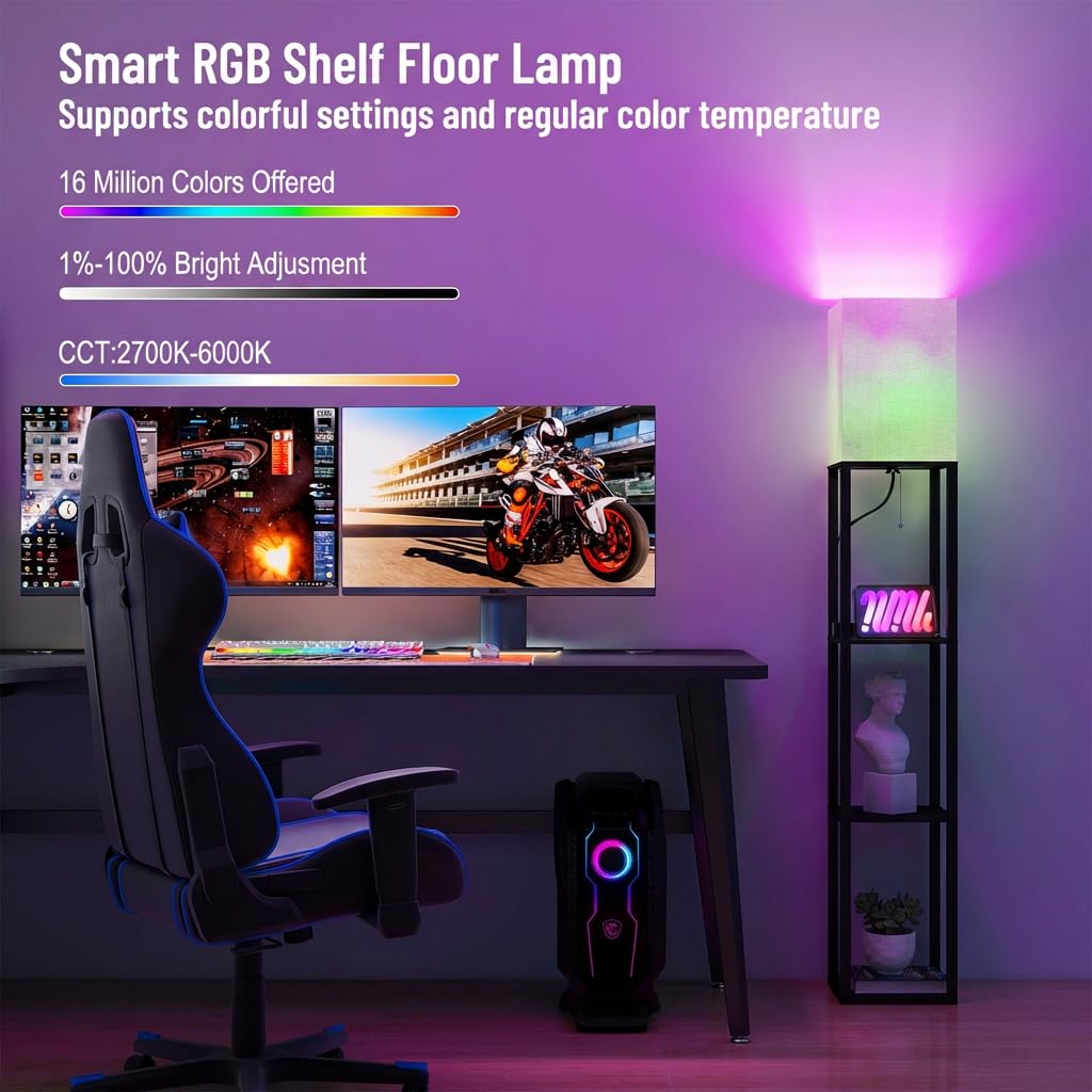 TABEVIO Floor Lamp with Shelves,Smart APP Control Standing Lamp with RGB Bulb with 2 USB Ports, 2 Power Outlet, Corner Lamp with Linen Shade for Living Room, Bedroom, Office