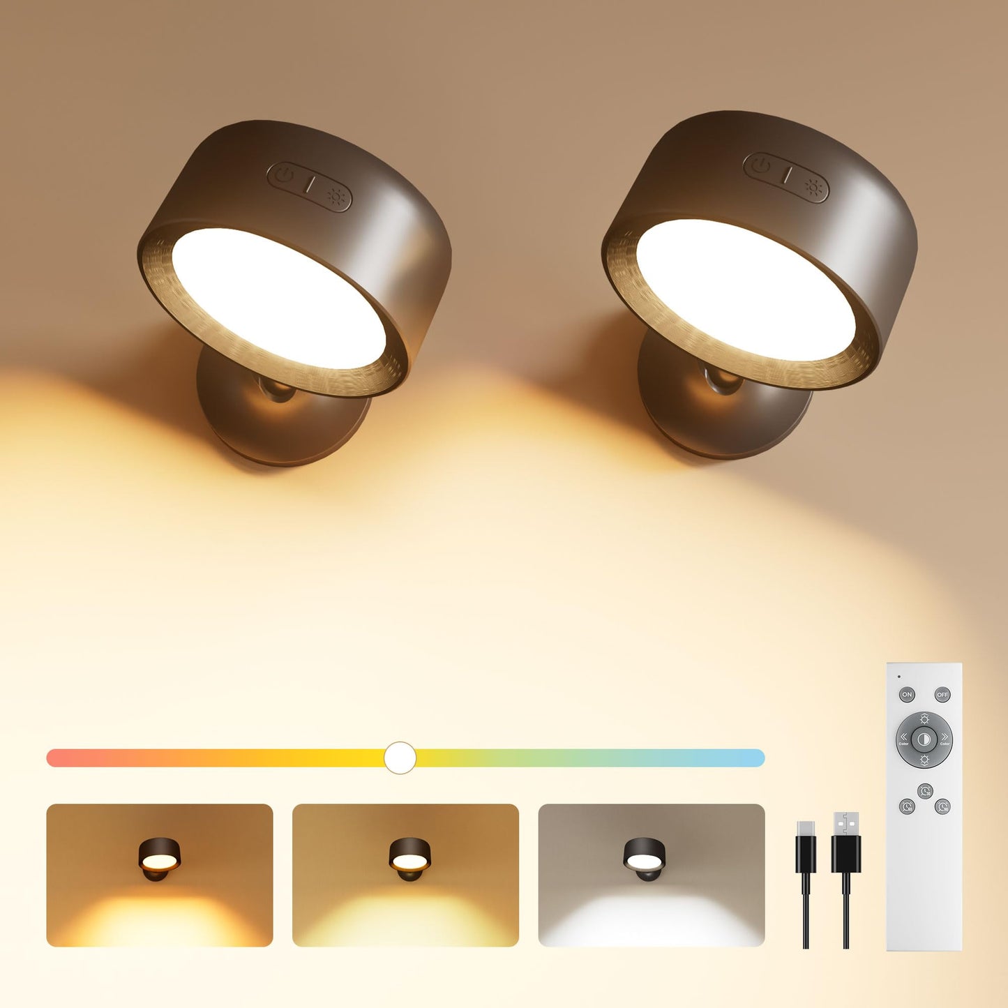 FULEN Wall Light, 2 Pack Led Wall Sconces 18 Colors, 4 Brightness Levels, 8000mAh Rechargeable Battery,Touch and Remote Control, 360 ° Rotate, Wall Lamp Indoor for Bedroom, Living Room, Stairs, Black