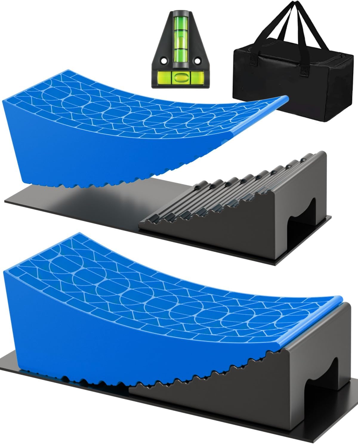 RV Leveling Blocks Ramp Kit, 2 Packs Camper Leveler System for Travel with Two Chocks, 2 Anti-Slip Mats, 1T Bubble Level and Carry Bag, Up to 35000 LBS, Easier & Faster to Level Camper-Blue