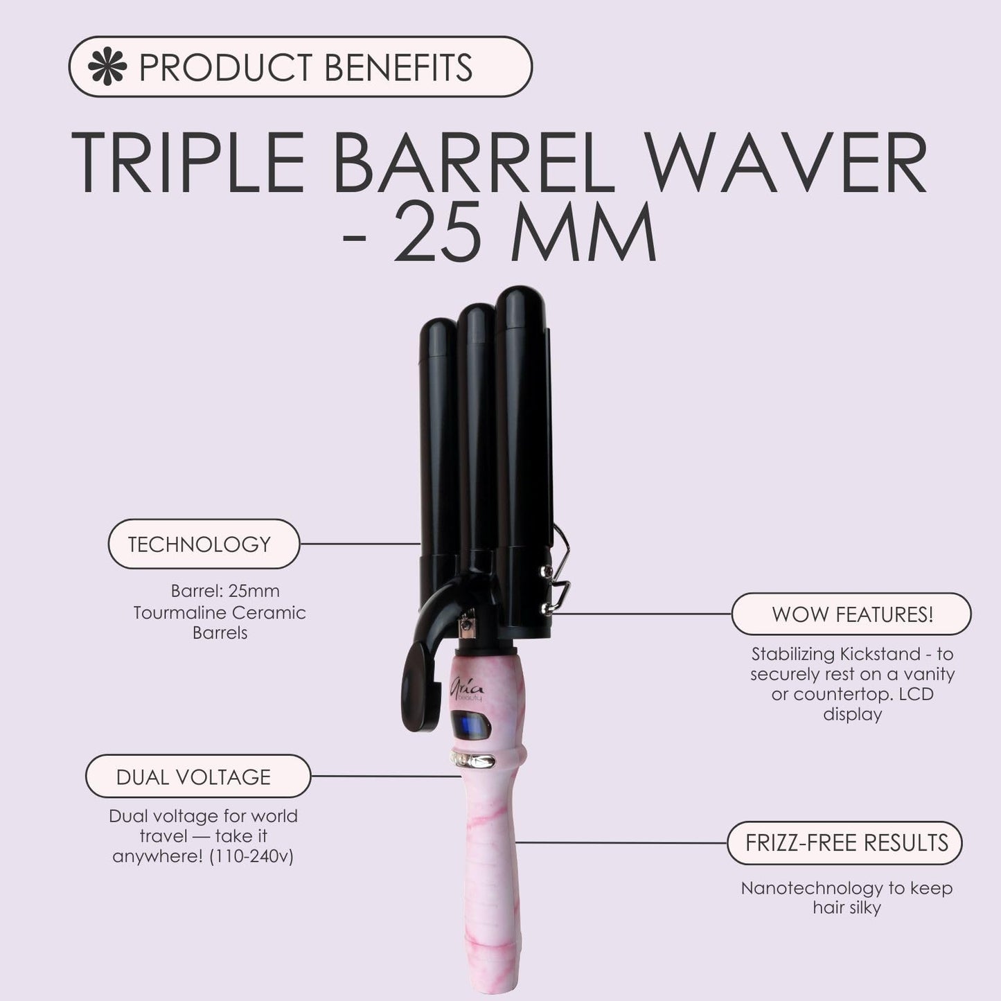 Aria Beauty Waver, 3 Barrel Curling Iron Hair Waver Adjustable to 430 degrees temperature, Auto Shut Off, 25mm Ceramic Crimper Iron LCD Display, Curling Wand, Triple Hair Curler, Hair Waver