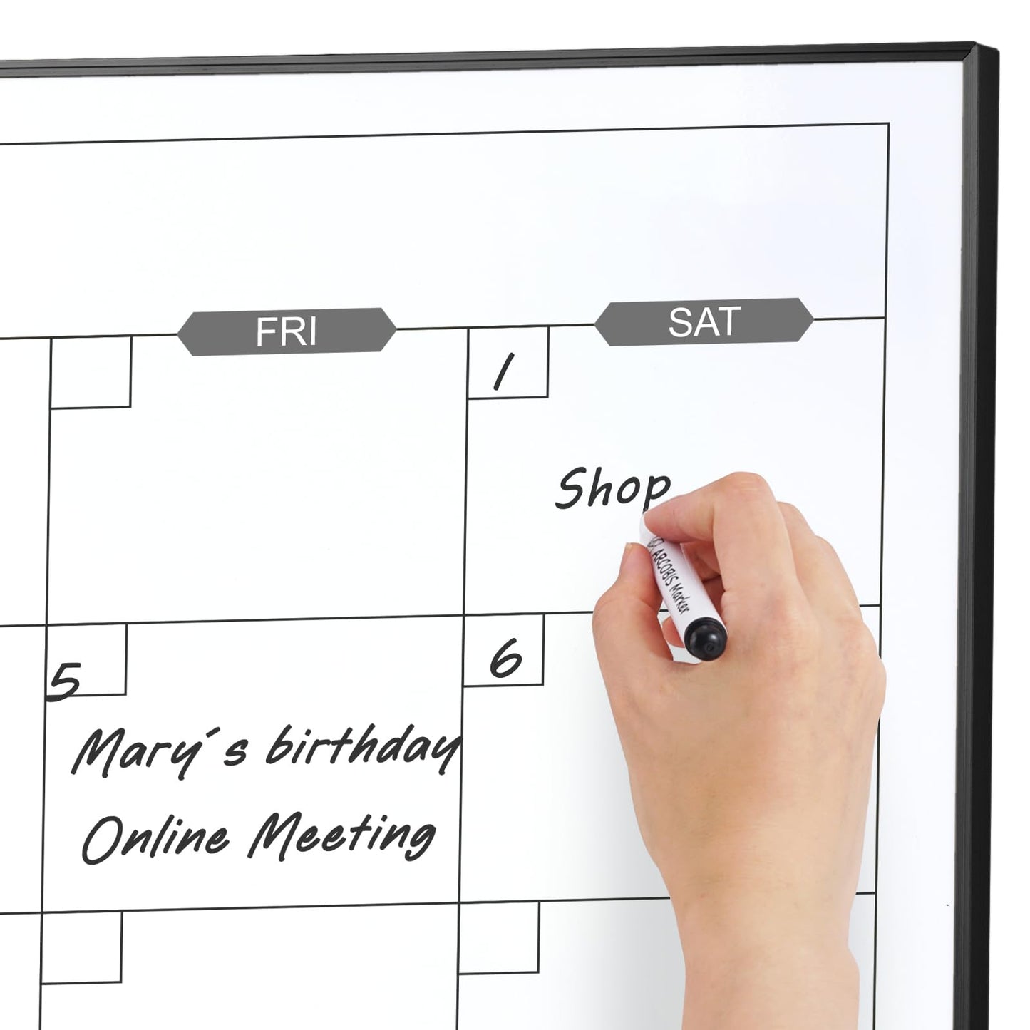 ARCOBIS Dry Erase Calendar for Wall, 36" x 24" Magnetic Monthly White Board Calendar Dry Erase, Hanging Whiteboard Planner for School, Home, Office, Black Frame