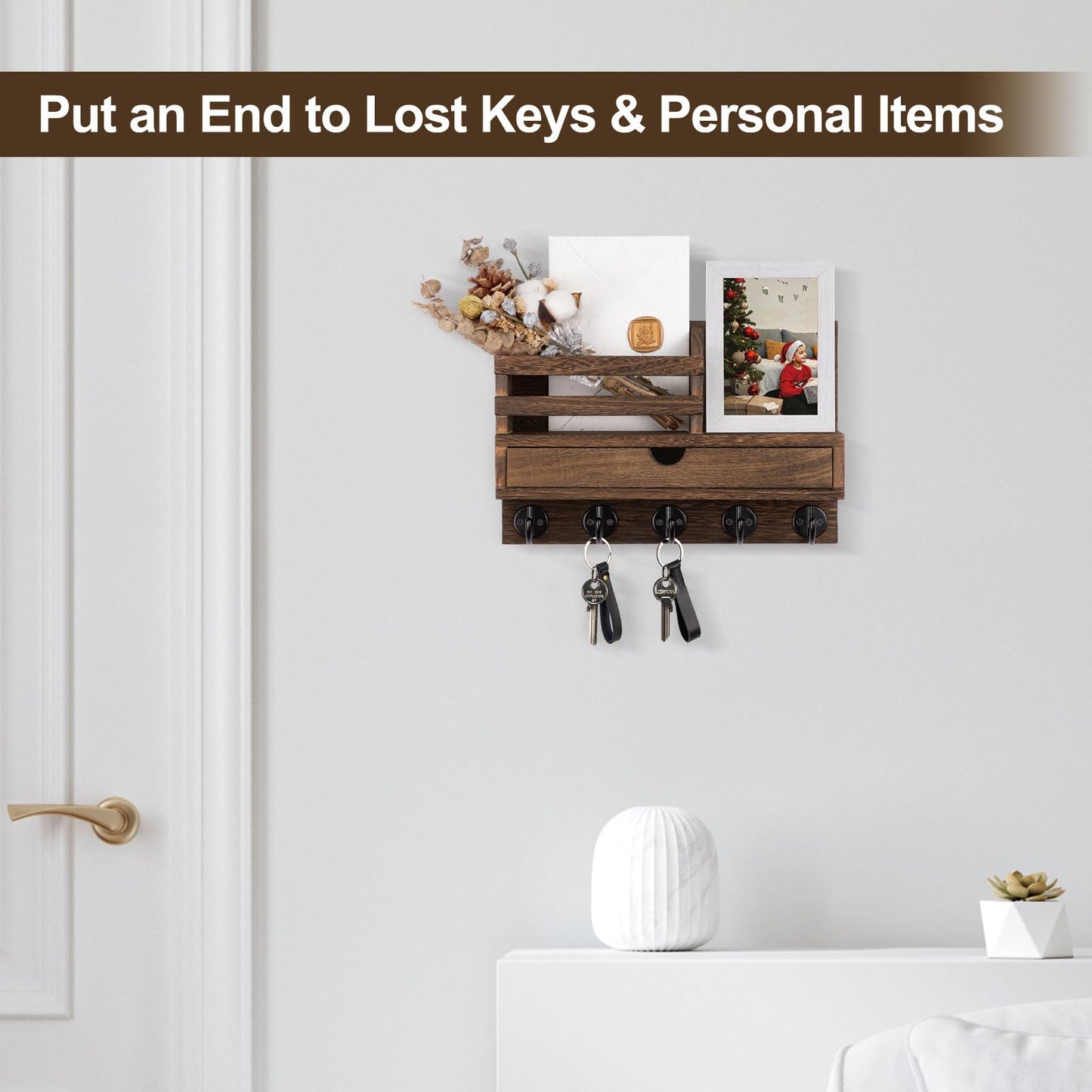 Key Holder Wall Mount, Mail Holder with Storage Drawer and 5 Key Hooks for Coat, Dog Leash, Home Decor Rack, House Accessories, Entry Way Organizer (Brown)