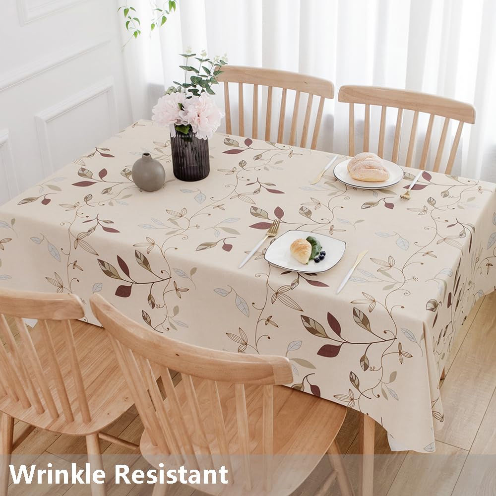 TruDelve Heavy Duty Vinyl Tablecloth Beige Plastic Table Cloth Waterproof Wipeable Oilcloth Tablecloths for Rectangle Tables (54'' x 72'', Leaves Beige)