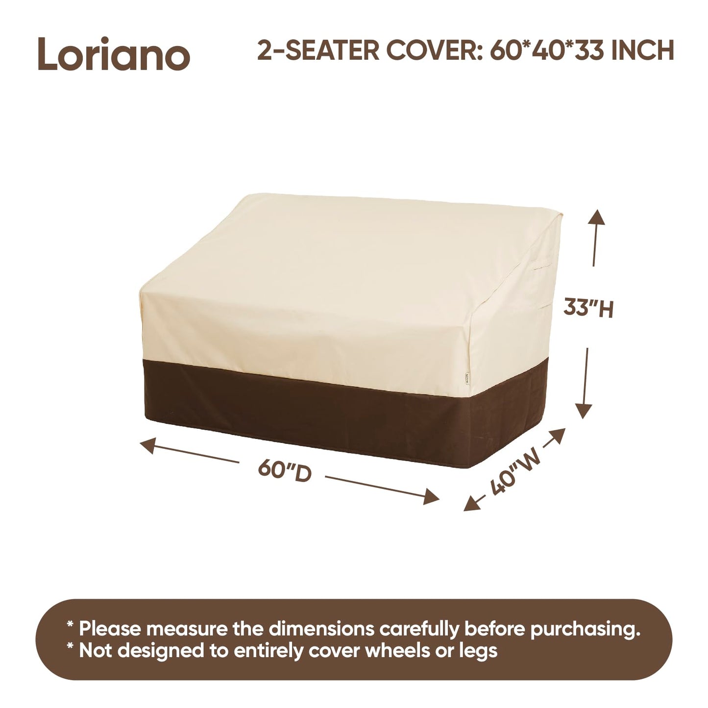 Loriano Patio Furniture Cover Waterproof 600D Heavy Duty Outdoor 2-seater Loveseat Cover Lawn Sofa Cover 60"W x 40"D x 33"H Beige&Brown