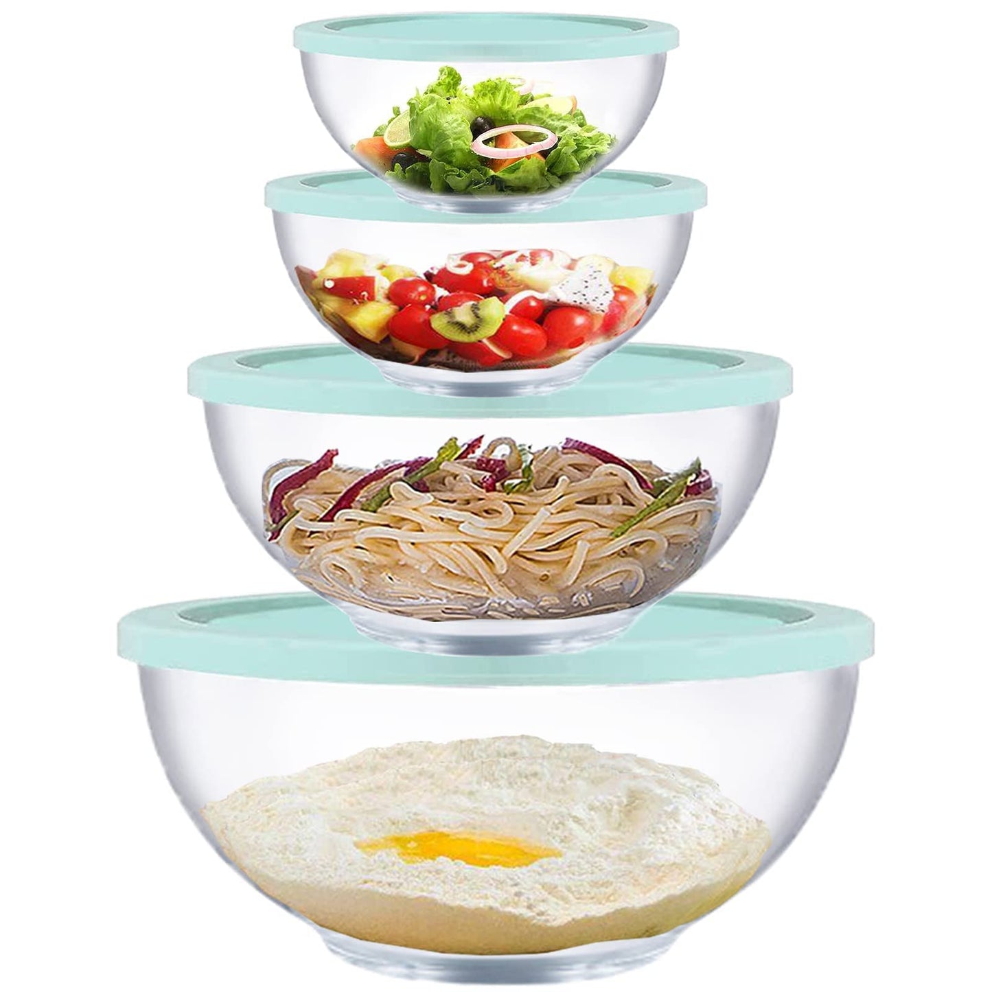Glass Mixing Bowl Set with Lids, 4 Pieces Glass Salad Bowl Set with Lids (0.6QT, 1.1QT, 2.2QT,4QT) High Brosilicate Microwave Bowls for Kitchen Baking, Prepping Serving and Storage, Great Gift