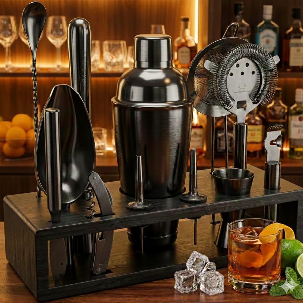 Highball & Chaser 13-Piece Cobbler Cocktail Shaker Set: Black Polished Stainless Steel Bartender Kit for Home Bar Cocktail Set | Cocktail Tools | Plus E-Book with 30 Cocktail Recipes (Gunmetal Black)