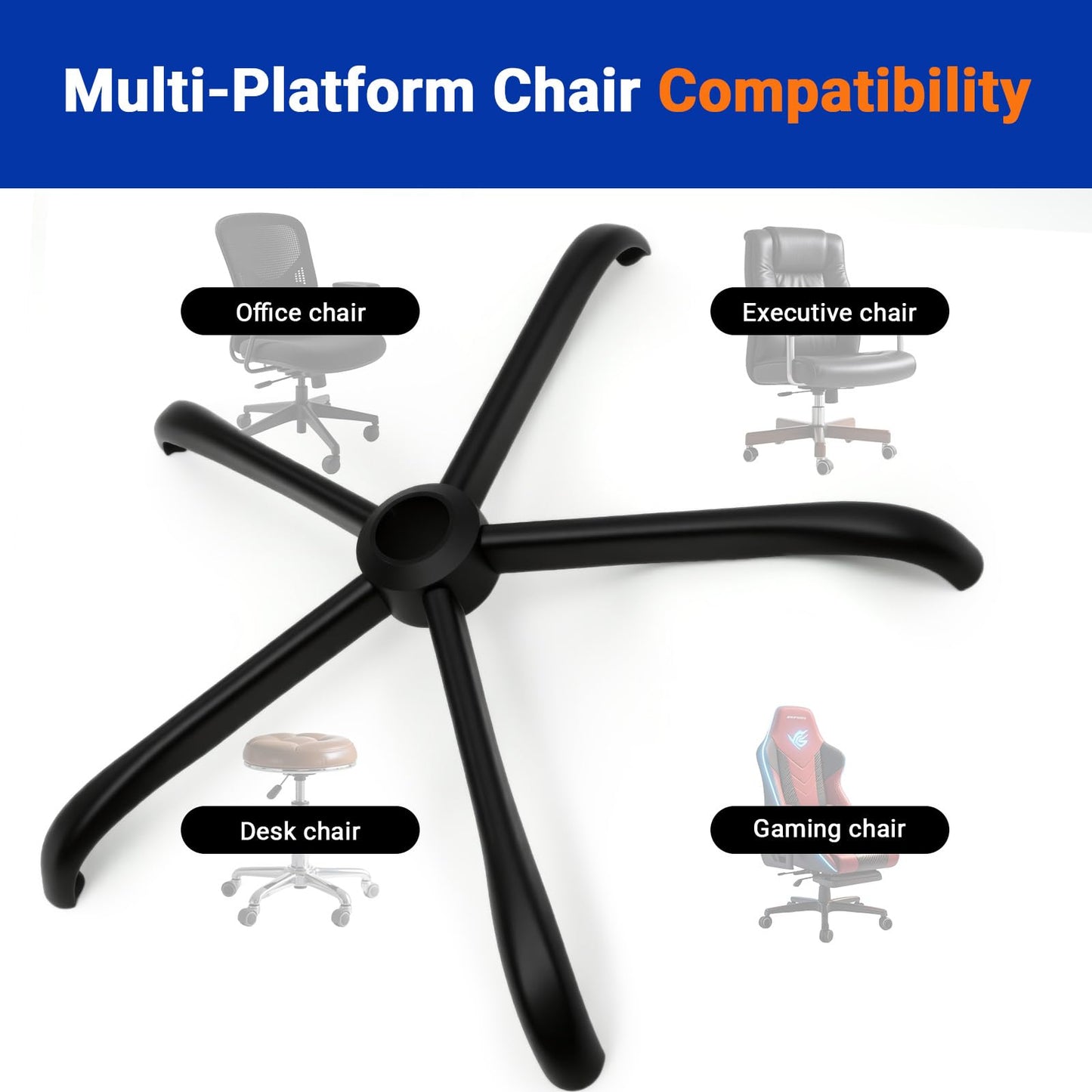 Rythalix 28" Heavy Duty Office Chair Base Replacement Parts for Most Office/Desk Chair - 2500 Lbs Capacity Matte Black Metal Chair Legs with Universal Casters Sockets