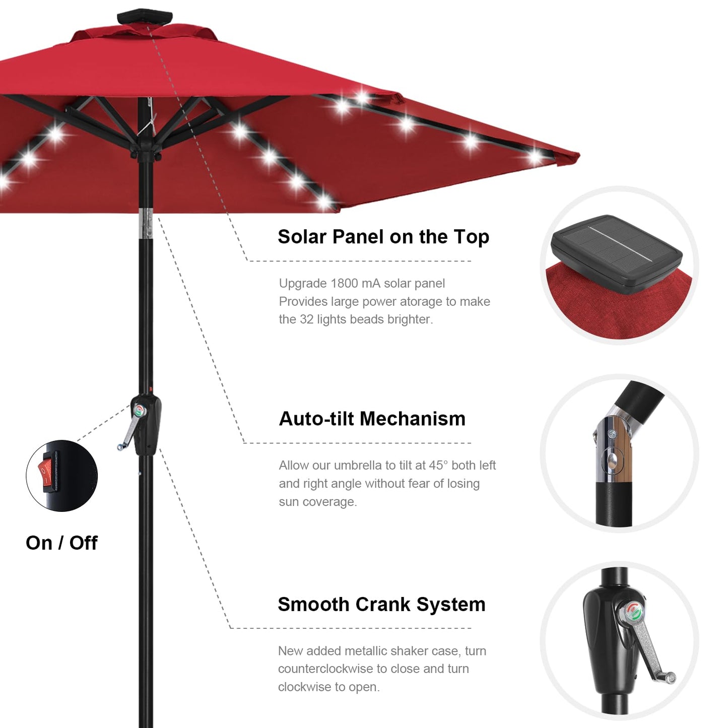 ABCCANOPY Durable Solar Led Patio Umbrellas with 24LED Lights 7.5FT with 6 Sturdy Ribs(Burgundy)