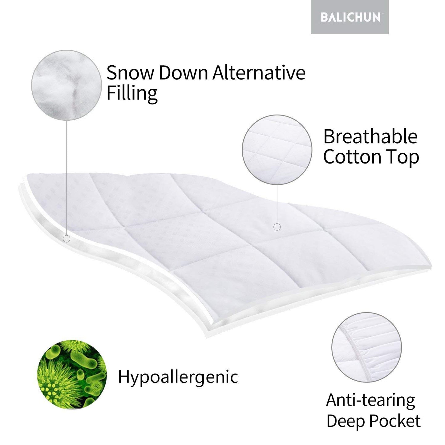 BaliChun Queen Size Mattress Pad Cotton Top Mattress Topper Fitted Quilted Mattress Cover Soft Breathable Pillow Top Cooling Mattress Protector Stretches up 8"-21" Deep Pocket (60×80 Inches, White)