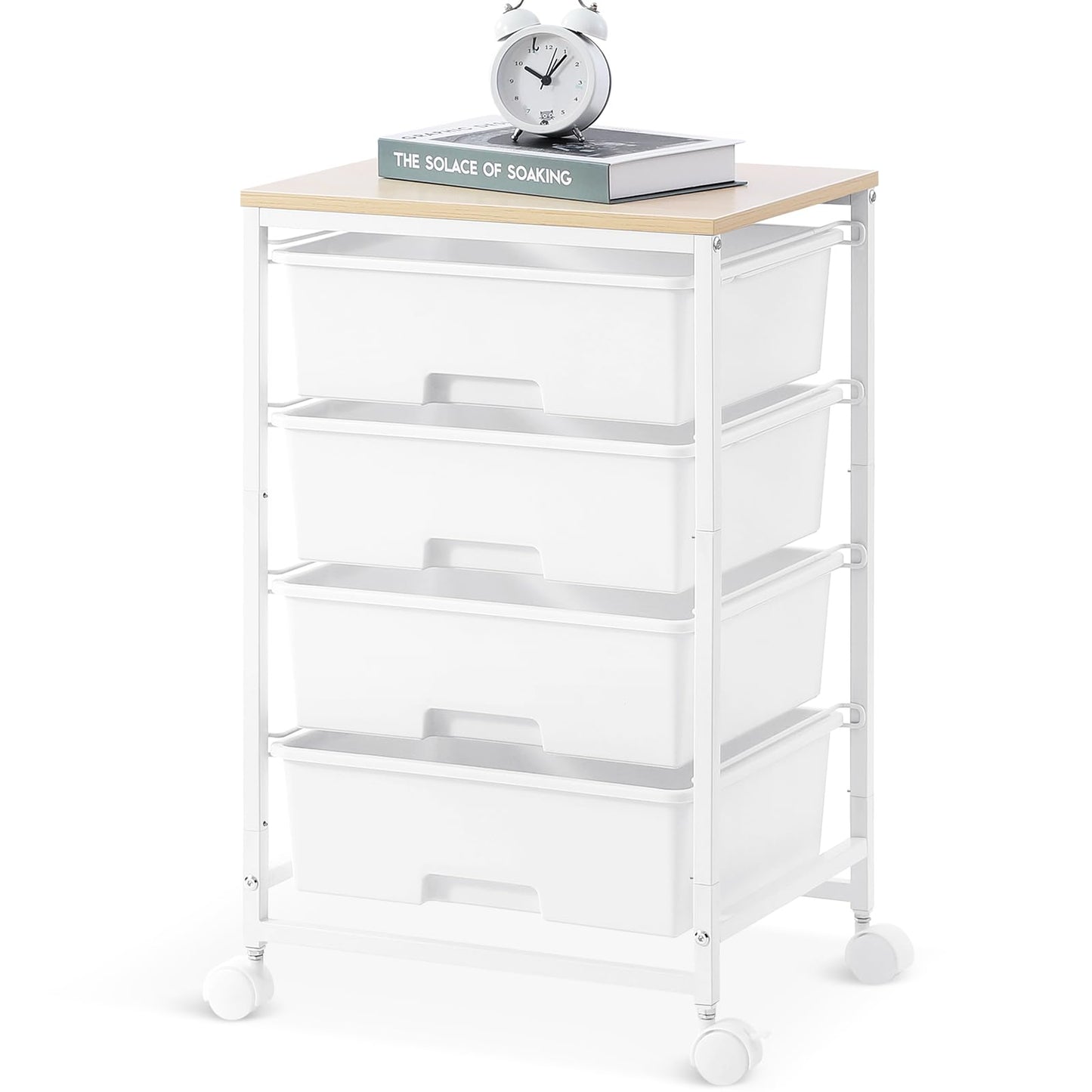 SYKIARIOL Utility Cart with 4 Drawers,Rolling Storage Cart with Drawers,Storage Rolling Drawer Cart with Wooden Tabletop for Bedroom,Kid's Room,Dorm,Classroom,Office,Bright White