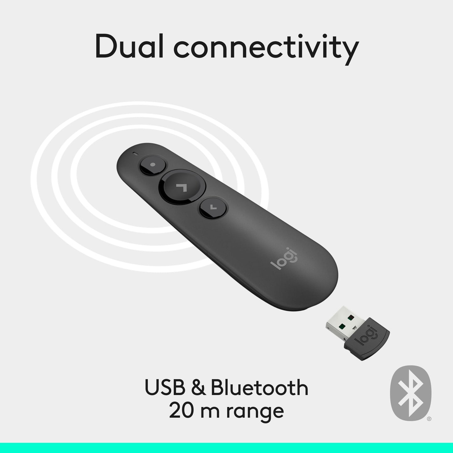 Logitech R500s Laser Presentation Remote, Bluetooth, USB-A Receiver, Presentation Clicker with Laser Pointer (Class 1) for Powerpoint, Keynote, Google Slides, for Windows/MacOS - Black