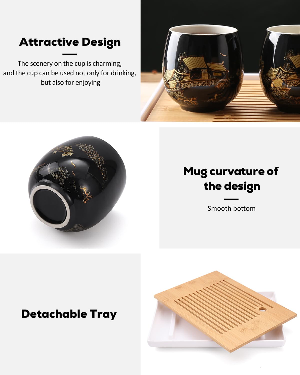 Dujust Japanese Tea Set, Black Porcelain Tea Set with 1 Teapot Set, 6 Tea Cups, 1 Tea Tray, 1 Stainless Infuser, Beautiful Asian Tea Set for Tea Lover/Women/Men (Countryside in Golden)