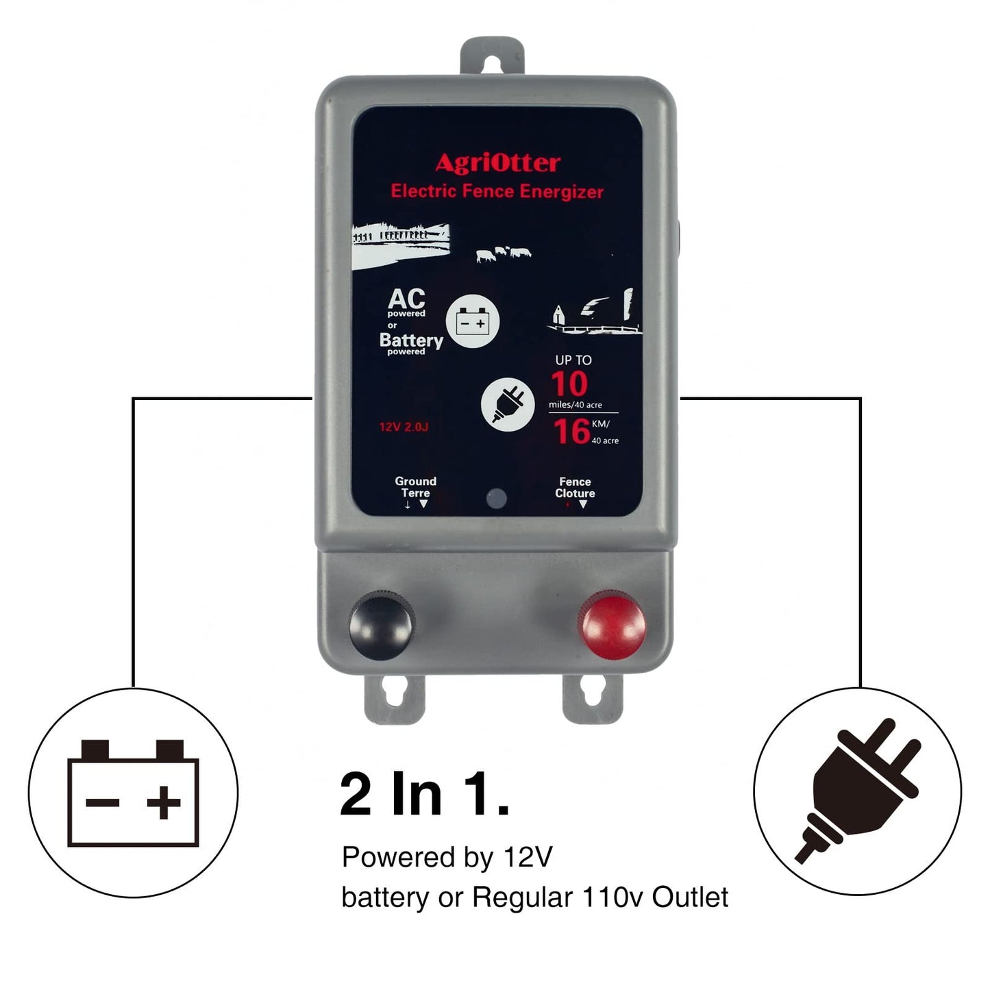 AgriOtter Electric Fence Energizer 40 Acre 2 in 1 Powered by Battery or AC Outlet 12000V 2J Pulse Electric
