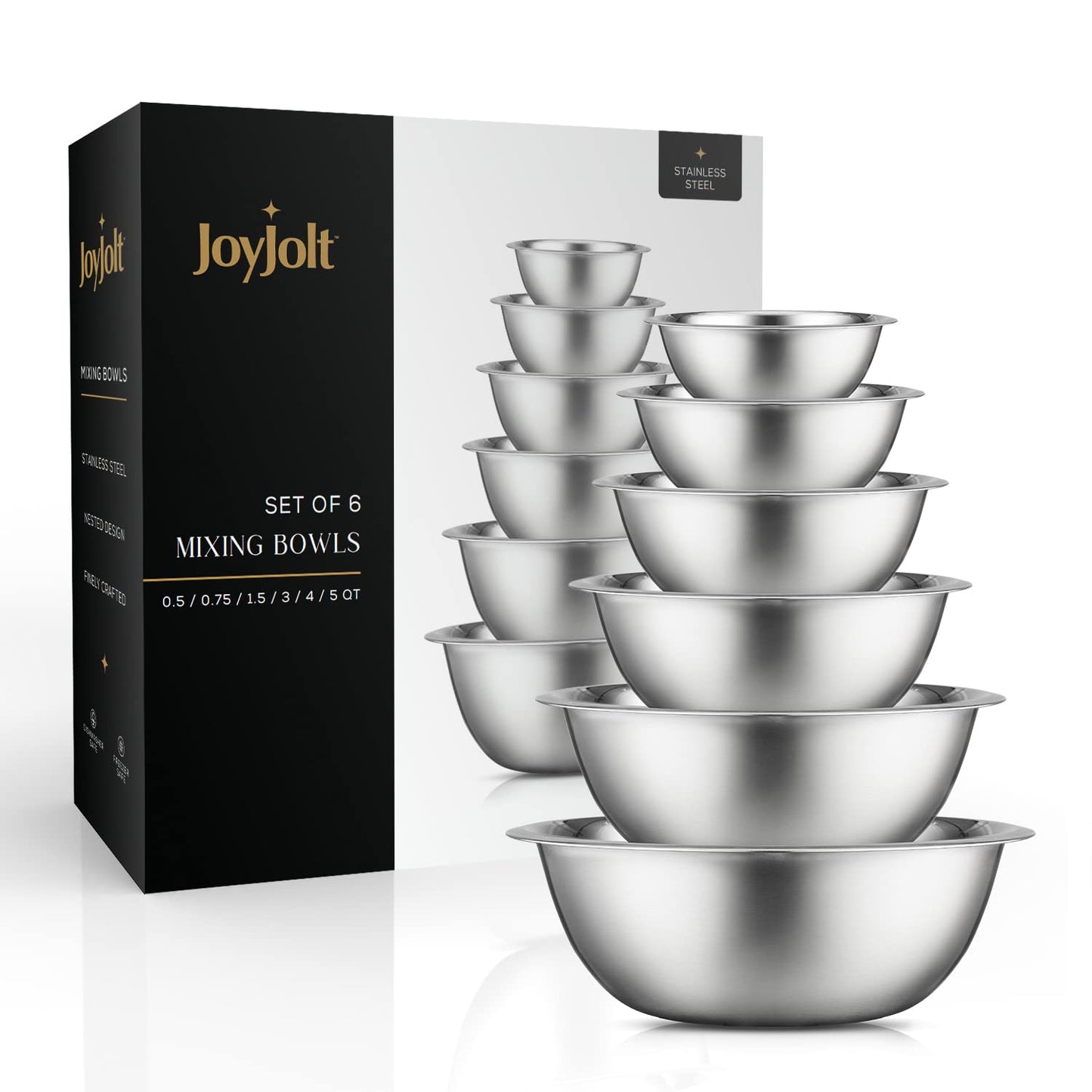 JoyJolt Stainless Steel Mixing Bowl Set - 6 Piece Nesting Bowls, 5qt to 0.5qt, Black, Perfect for Dough, Batter & Baking