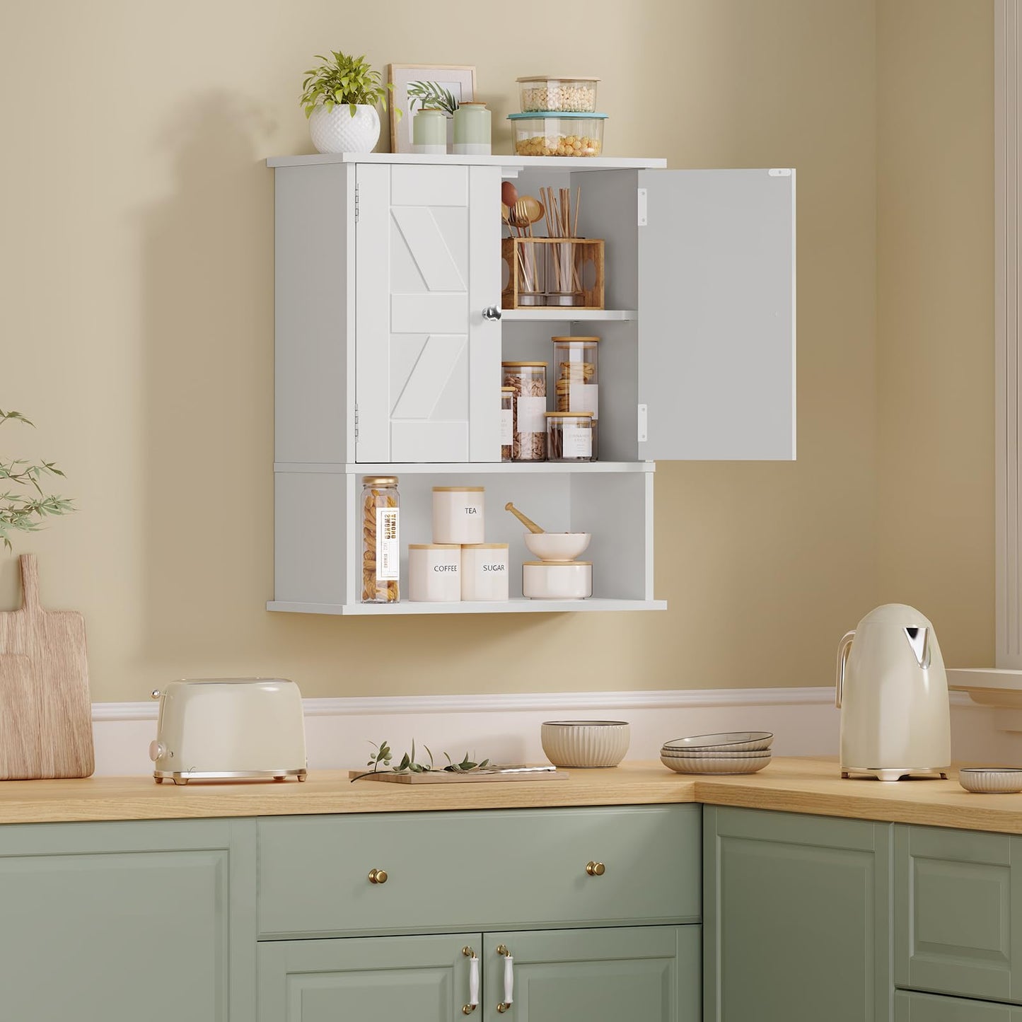 FIONESO Small Bathroom Wall Cabinet, Bathroom Cabinet with Barn Doors & Adjustable Shelf, Over the Toilet Storage Cabinet, Medicine Cabinet, for Laundry Room, 18D x 39W x 49H cm, White