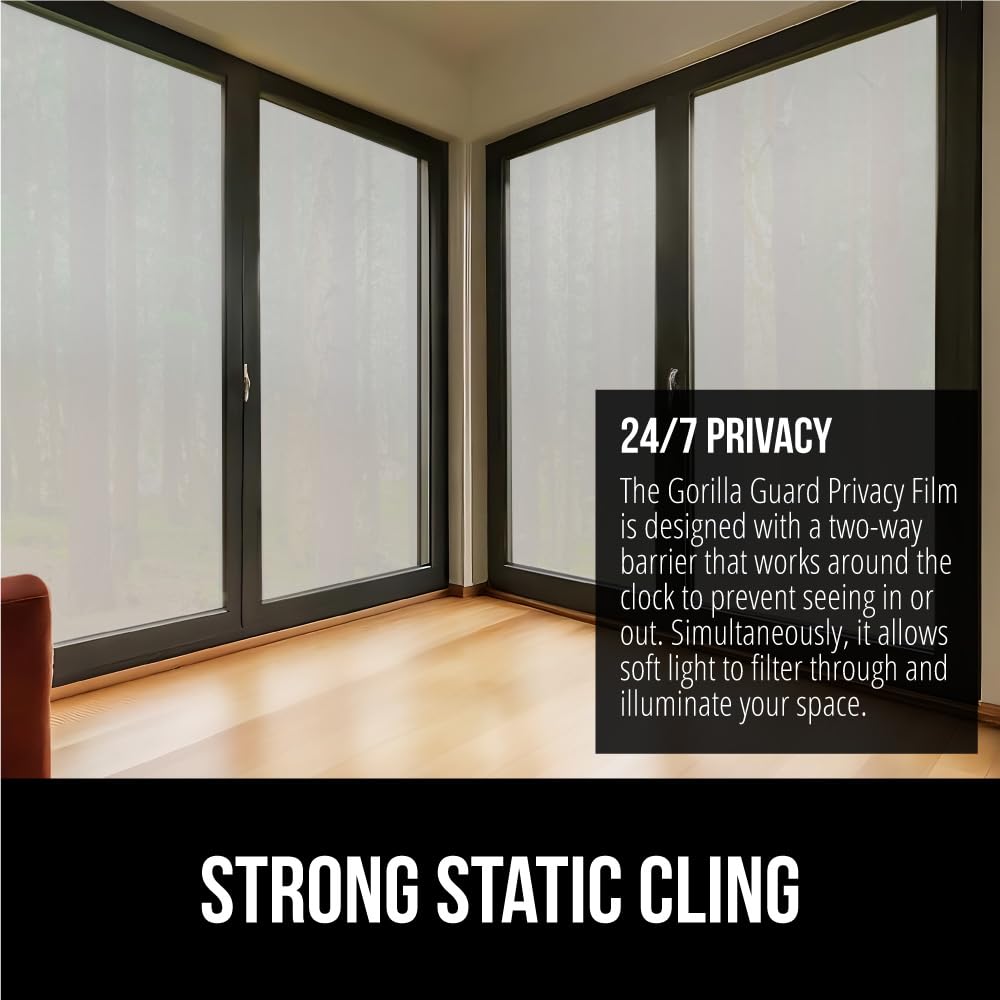 Gorilla Guard Two Way Sun Blocking Window Privacy Film, 23.6" x 78.7”, Strong Static Clings to Glass Windows, Peel and Stick, Removable Stickers, Decorative Bathroom Door Coverings, Frosted