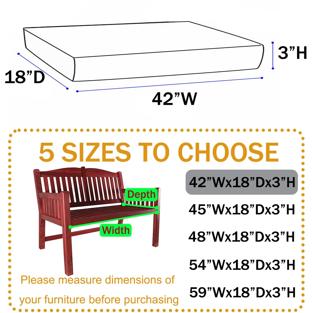 amberr Outdoor Bench Cushion 42 x 18 Inch Waterproof Patio Furniture Cushions,Bench seat Cushion with Adjustable Straps, Outdoor/Indoor Porch Swing Cushions with Ties (Dark Grey, 42"x18"x3")