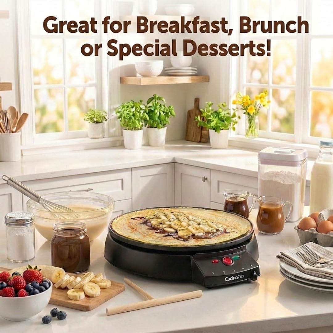 Crepe Maker and Non-Stick 12" Griddle- Electric Crepe Pan with Spreader and Recipes Included- Also use for Blintzes, Eggs, Pancakes and More