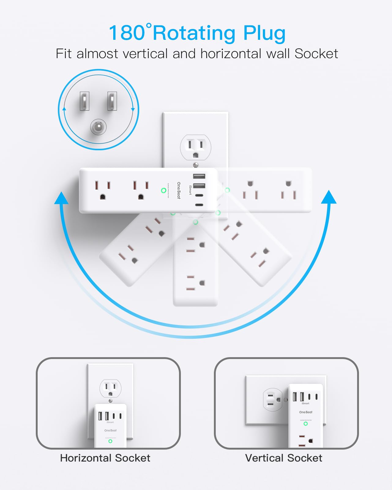 2 Pack Surge Protector Outlet Extender with Rotating Plug, 6 AC Multi Plug with 3 USB Ports (1 USB C), 1800 J, 3-Sided Swivel Power Strip with Spaced Splitter for Dorm Office, White