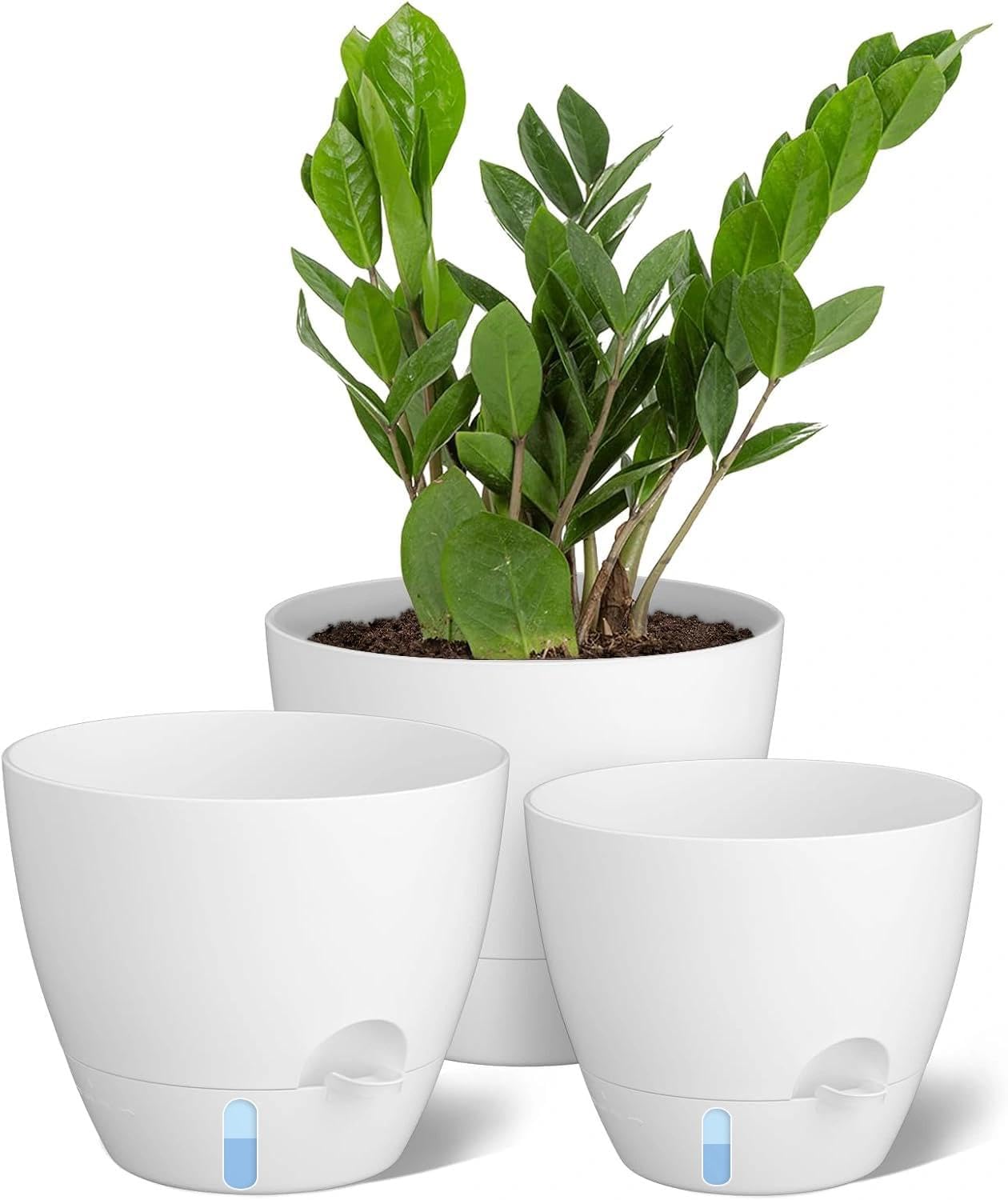 ZMTECH 9/10/12 Inch Self Watering Plant Pots with Watering Lip, Planters with Drainage Holes and Removable Saucer, Plastic Flower Pots for Indoor Outdoor Plants (3 Pack,Pure White)