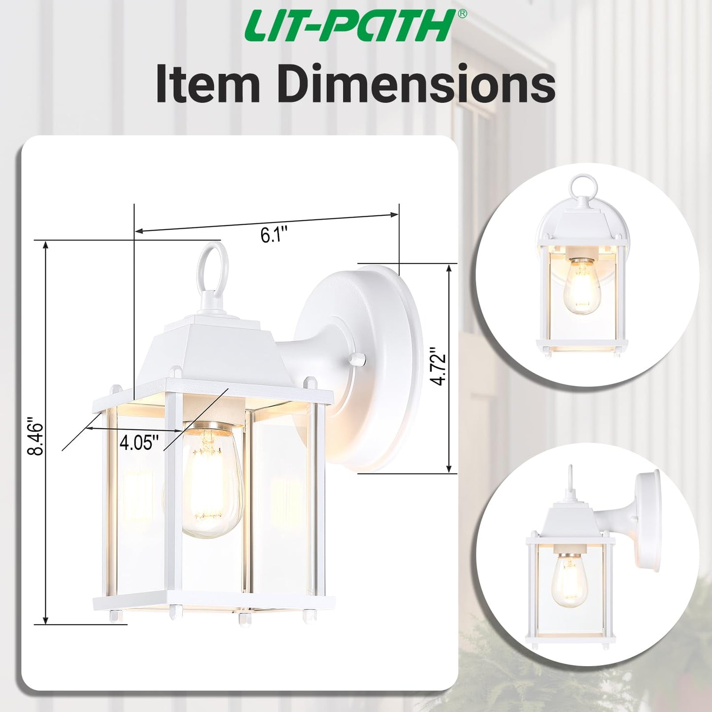 LIT-Path Outdoor Wall Lantern, Wall Sconce as Porch Lighting Fixture, E26 Base, Aluminum Housing Plus Glass, Water-Proof and Outdoor Rated, ETL Qualified, 2-Pack, White