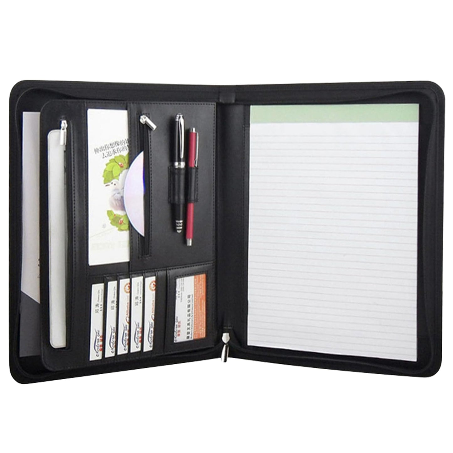VANRA Zippered Padfolio for Men Leather Portfolio for Women Binder Organizer Interview Resume Folder for Papers Document Holder Planner Binder A4 Letter Size with Notepad, Black