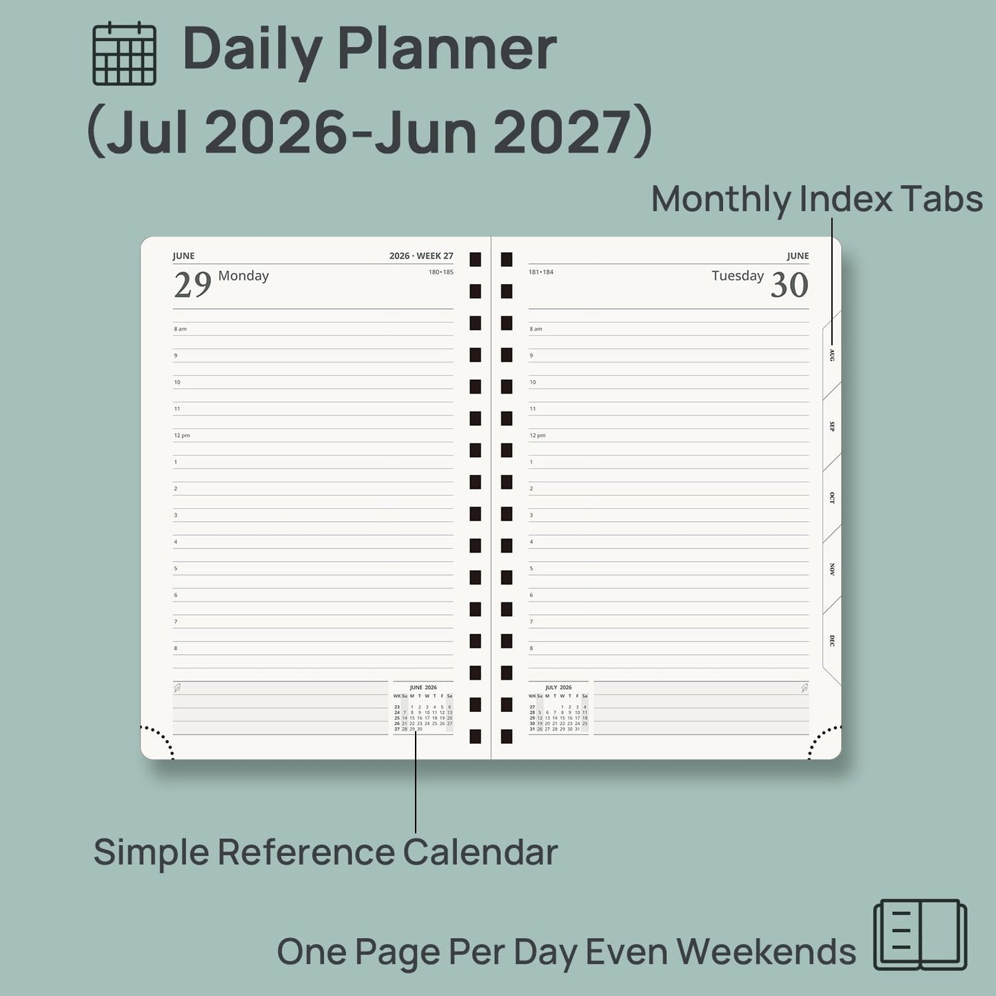 POPRUN 2026-2027 Daily Planner One Page Per Day, 5.75" x 8.5", Academic Daily Calendar Book with July 2026 to June 2027, Hardcover Appointment Book with Hourly Time Slots, Spiral Bound, Monthly Tabs - Midnight Green