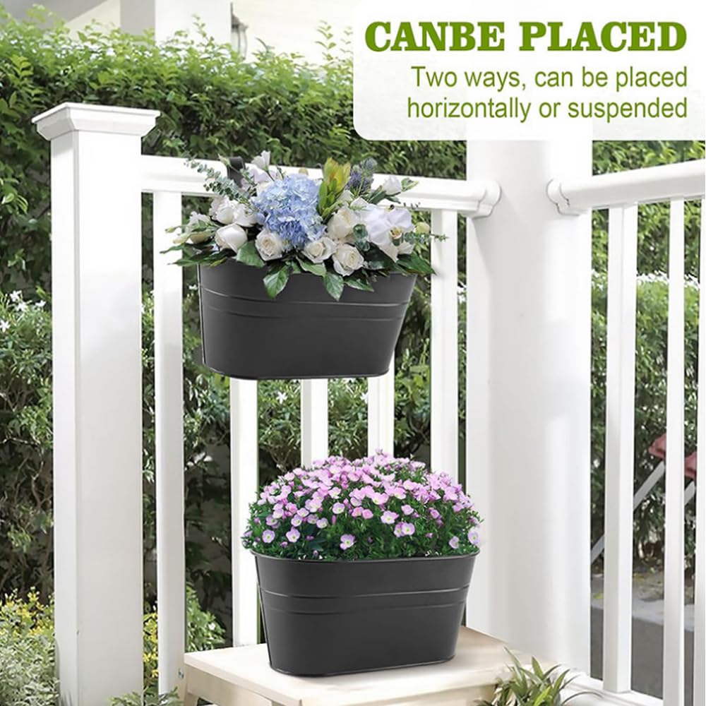 6 Pack Metal Iron Hanging Flower Pots Metal Hanging Planters with Hooks Oval Railing Fence Hanging Bucket Pots Wall Mounted Garden Bucket Flower Holders Window Flower Plant Holder