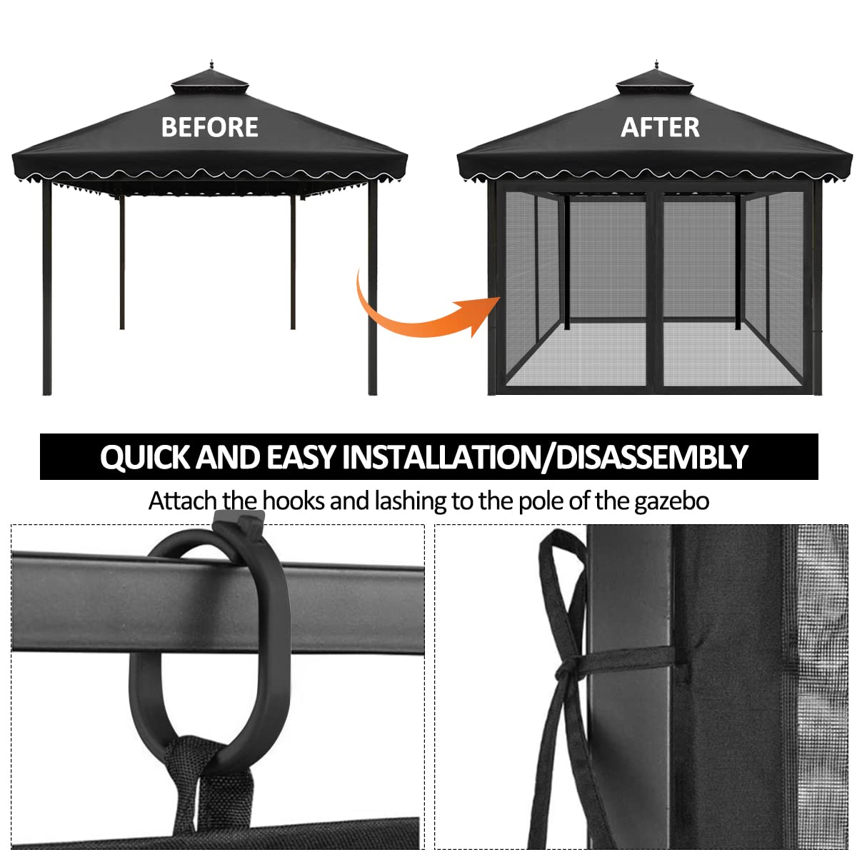 Homegroove Replacement Mosquito Netting for 10x10ft Gazebo, Universal Mosquito Netting for Patio Garden Yard, 4-Panel Outdoor Mesh Netting Screen with Zipper, Upgraded Flame Retardant Material Black