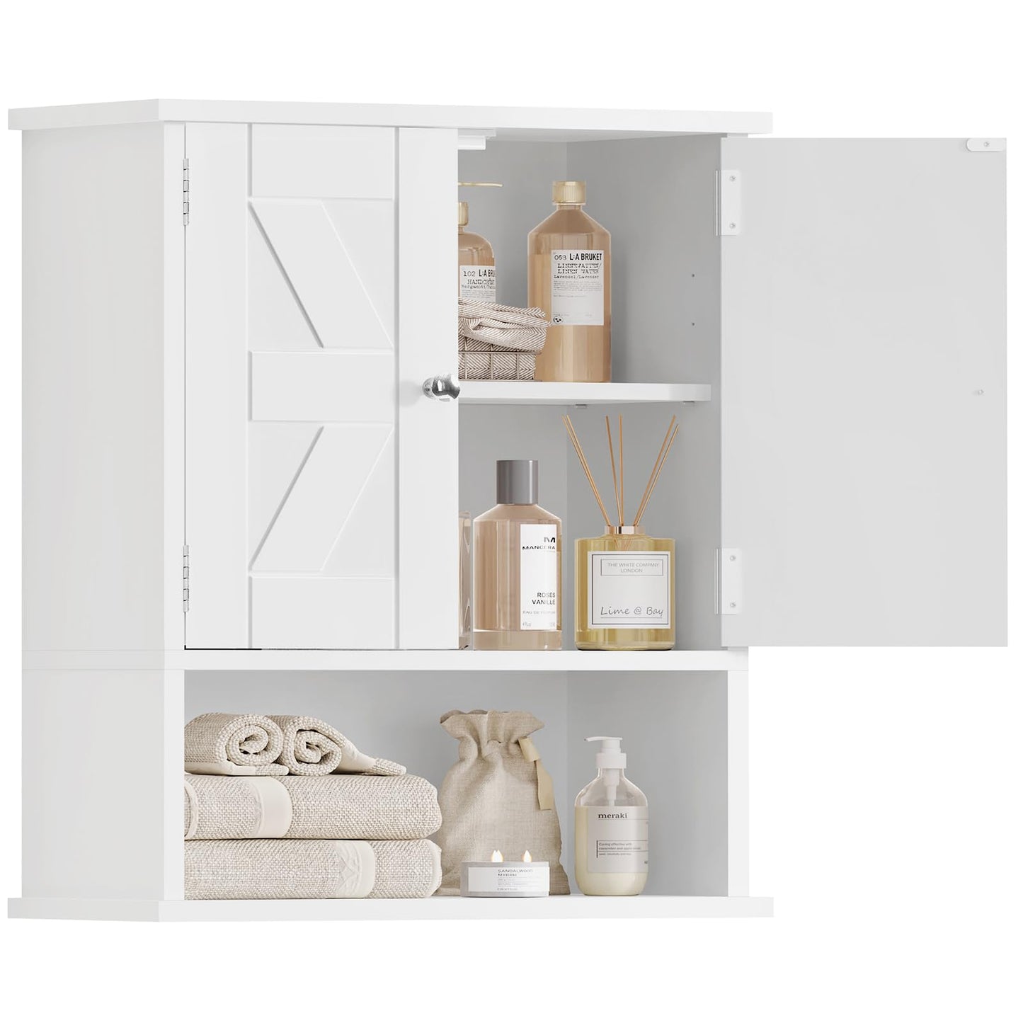 FIONESO Small Bathroom Wall Cabinet, Bathroom Cabinet with Barn Doors & Adjustable Shelf, Over the Toilet Storage Cabinet, Medicine Cabinet, for Laundry Room, 18D x 39W x 49H cm, White