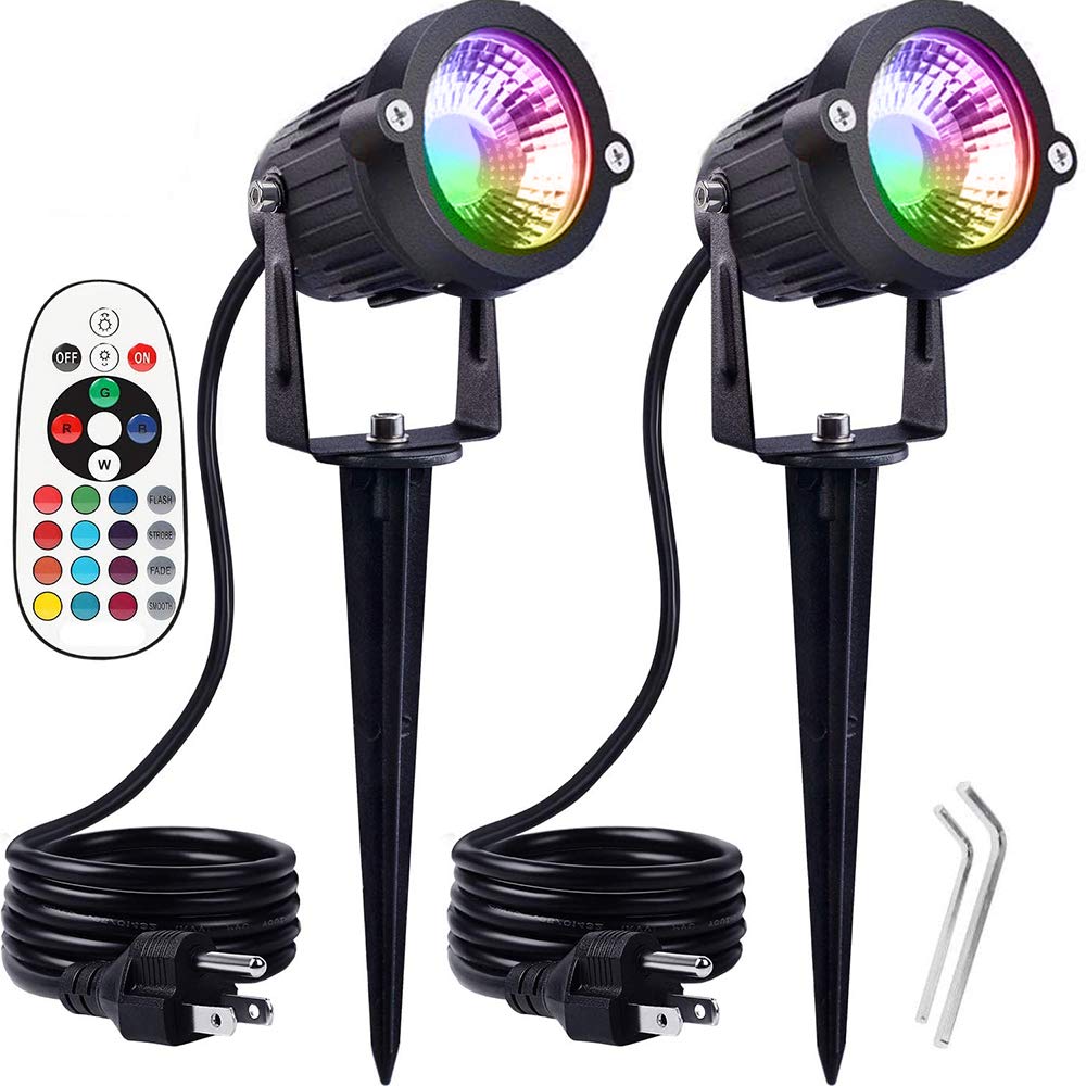 Pack of 2, WeFoonLo Outdoor LED Landscape Lights Waterproof Spotlight with Spike Stand and Plug for Driveway, Outdoor Lawn Lighting, Flood Garden, Yard (6W Plug RGB)