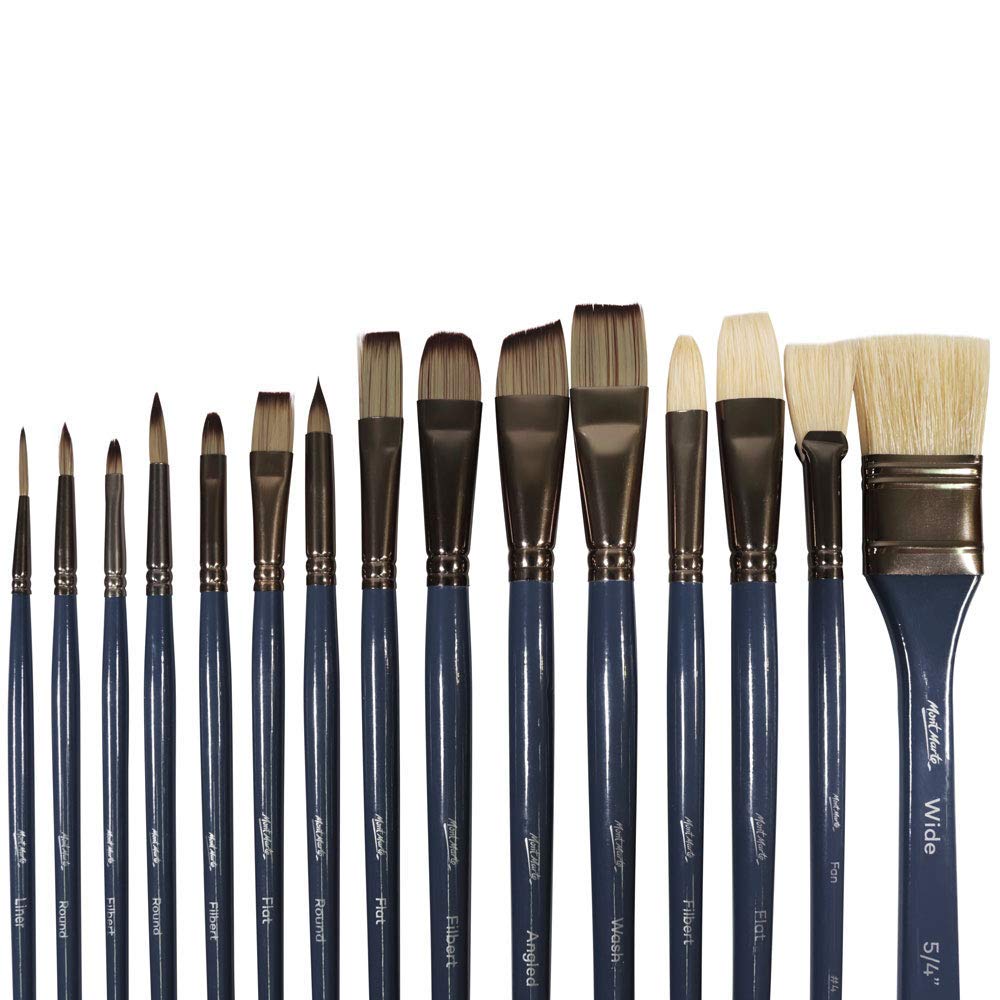 Mont Marte Premium Brush Wallet Set, 15 Piece, Includes Hog Bristle and Taklon Brushes, Great for Watercolor, Acrylic, Oil, Gouache and Tempera Painting