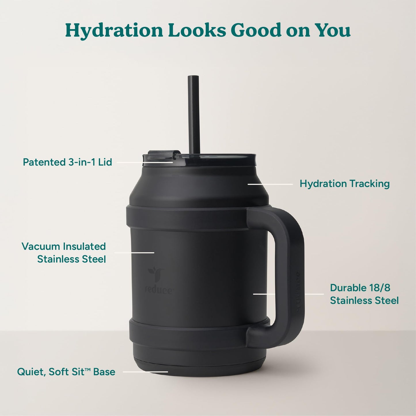 Reduce 50 oz Tumbler with Handle - Vacuum Insulated Stainless Steel Desk Mug with Sip-It-Your-Way Lid and Straw - Keeps Drinks Cold up to 36 Hours - Sweatproof, Dishwasher Safe - OM Phantom