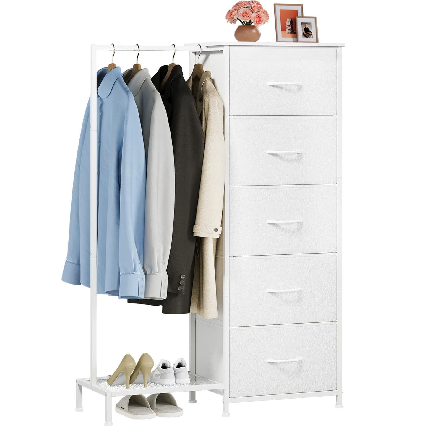Somdot Dresser with Hang Rack,5 Drawers Small Dresser for Bedroom,Reversible Fabric Chest of Drawers with Clothes Rack,Tall Storage Tower for Closet,Living Room,White Leather