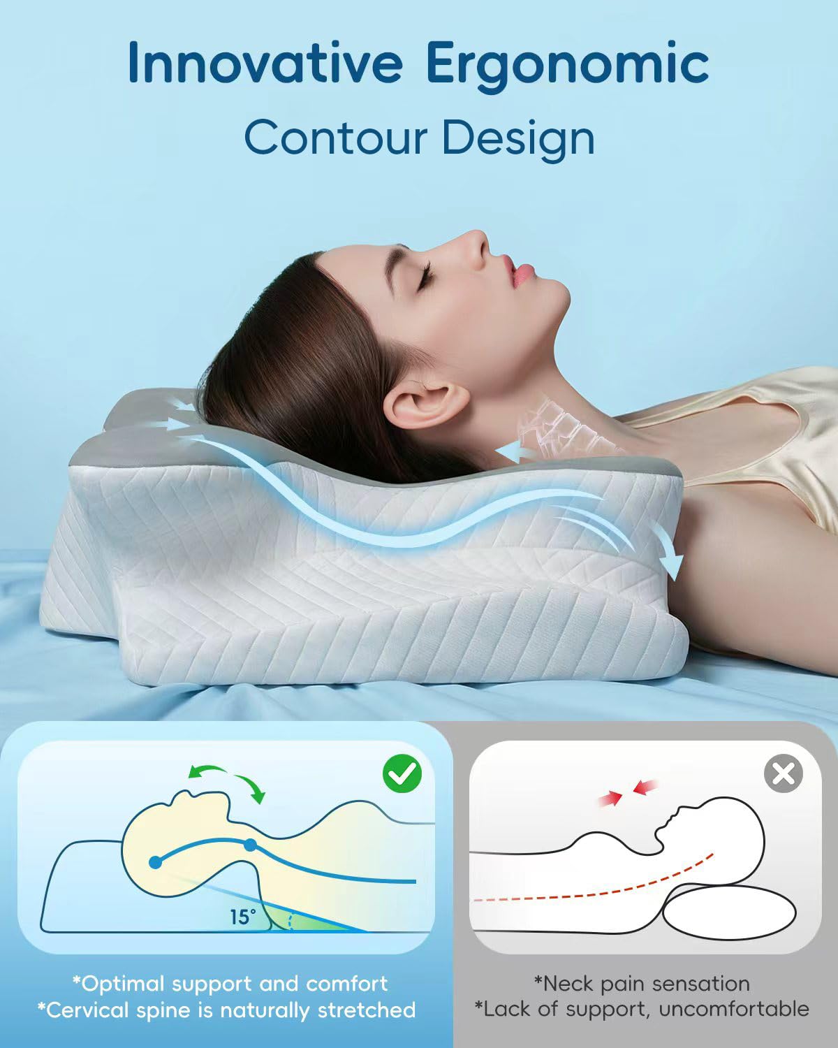 BUWAN Cervical Neck Pillow, Ergonomic Contour Memory Foam Pillow with Cooling Breathable Case, Neck and Shoulder Support for Side Back Stomach Sleepers, Washable Cover, Compact, Grey