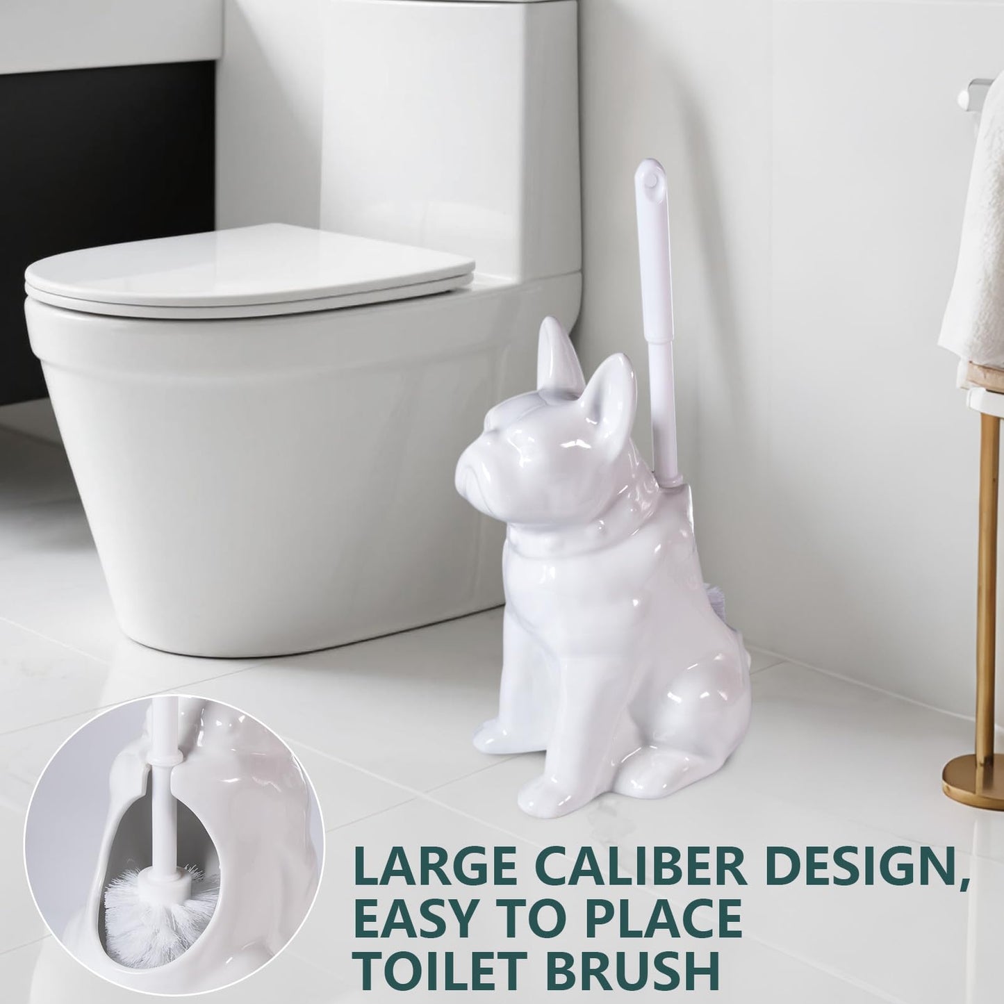 Toilet Brush Holder Set for Bathroom Cute Dog Base Solidly Toilet Bowl Brush Holder and Decorative Bathroom Ceramic Cleaning Kit with Brush and Holder (White)
