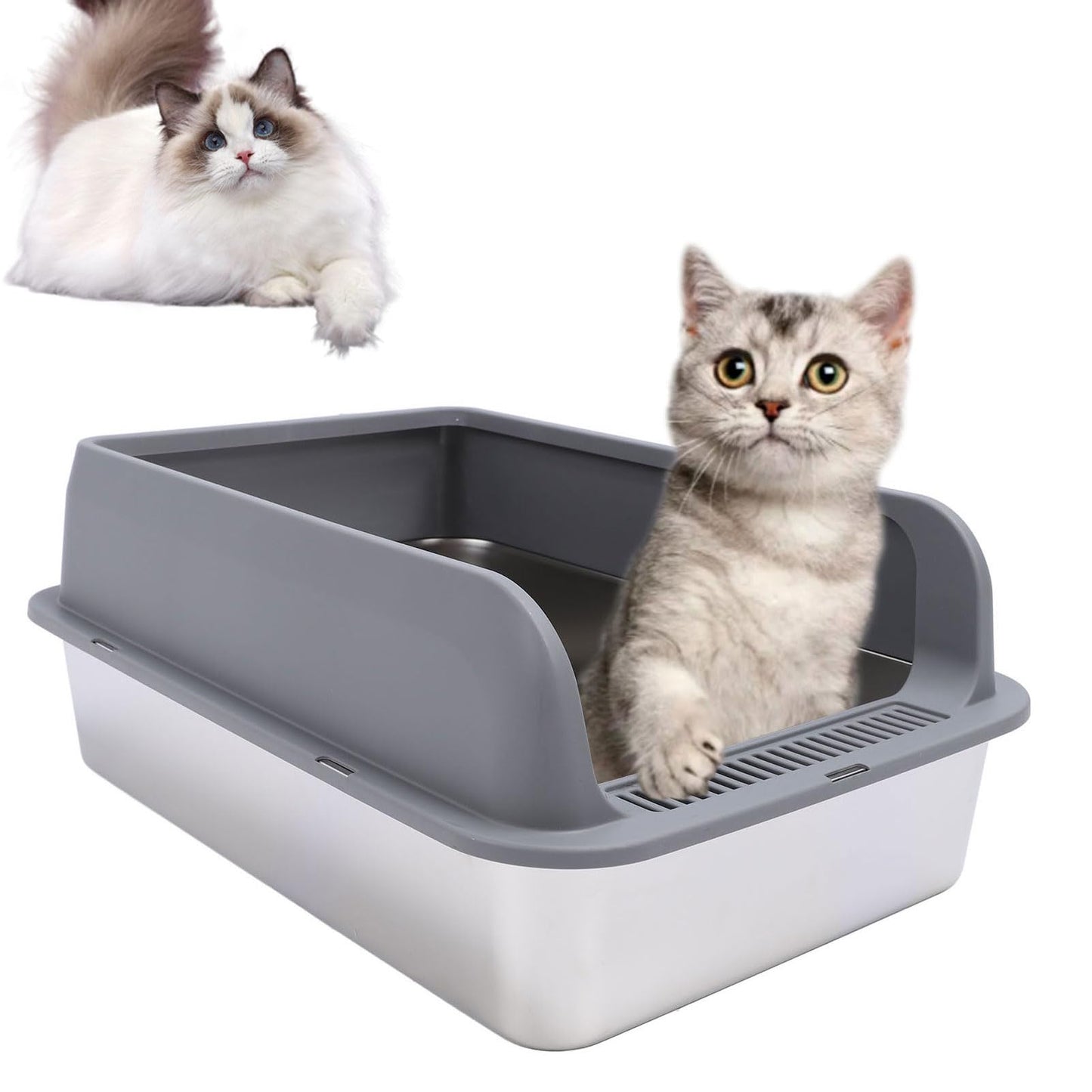 Gugxiom Stainless Steel Cat Litter Box, 60×40×20 cm Large Litter Box, Top Entry Design, with Scoop, Easy Cleaning