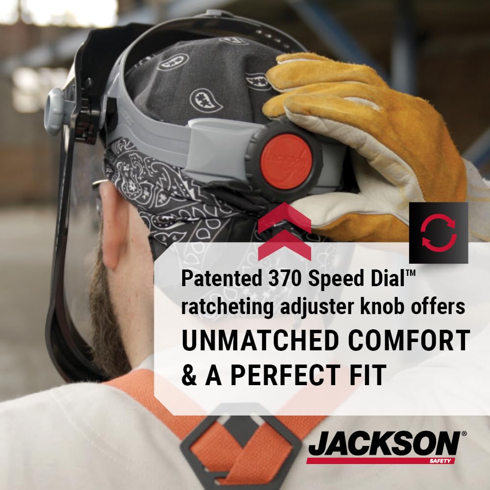 Jackson Safety Lightweight MAXVIEW Premium Face Shield - Mask with 370 Speed Dial Ratcheting Headgear, ANSI Z87.1, for Work, Grinding, Cutting - Uncoated - Clear Tint