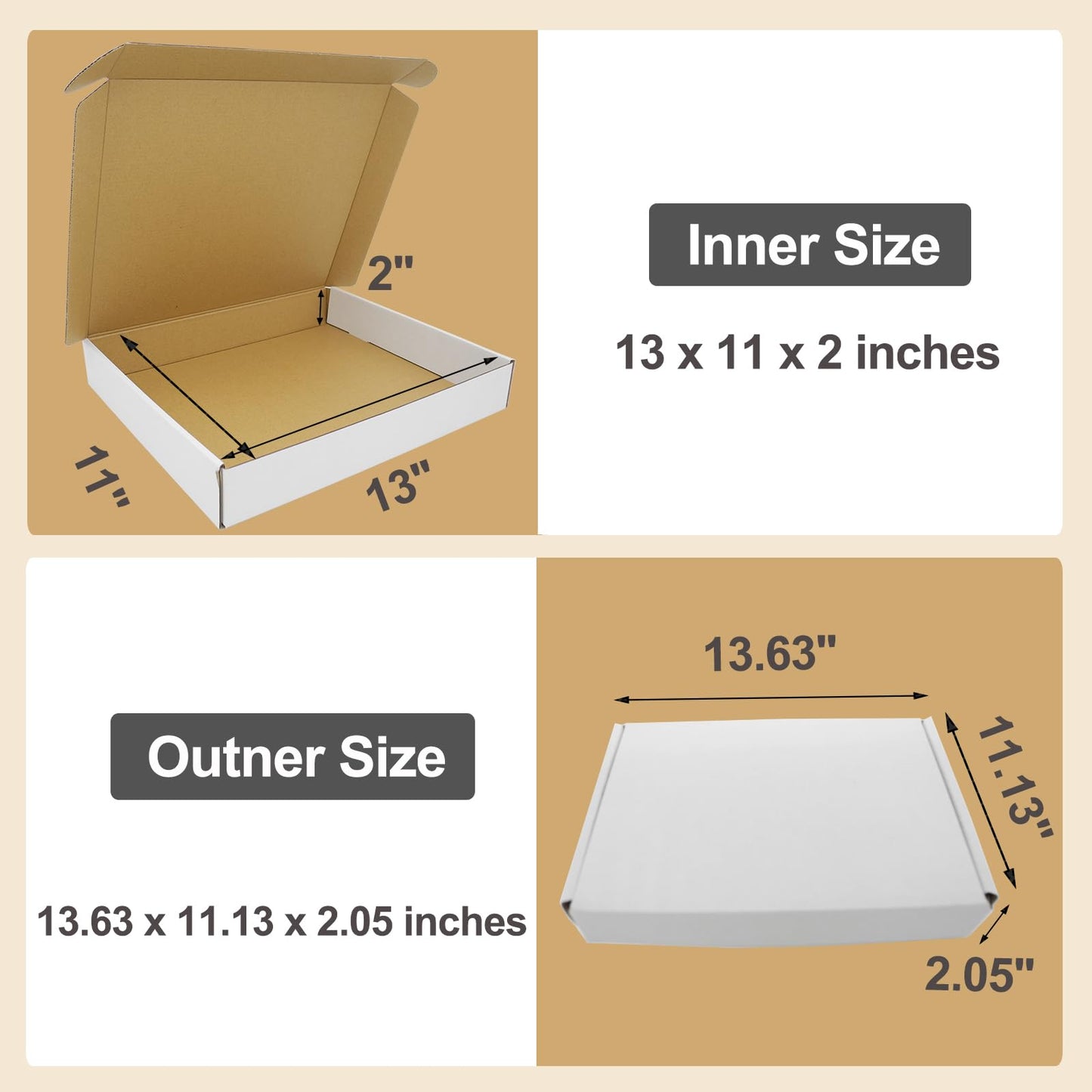 13x11x2" Shipping Box, White Mailer Boxes Flat Corrugated Cardboard Mailers for Business Packaging Mailing, 25 Pack