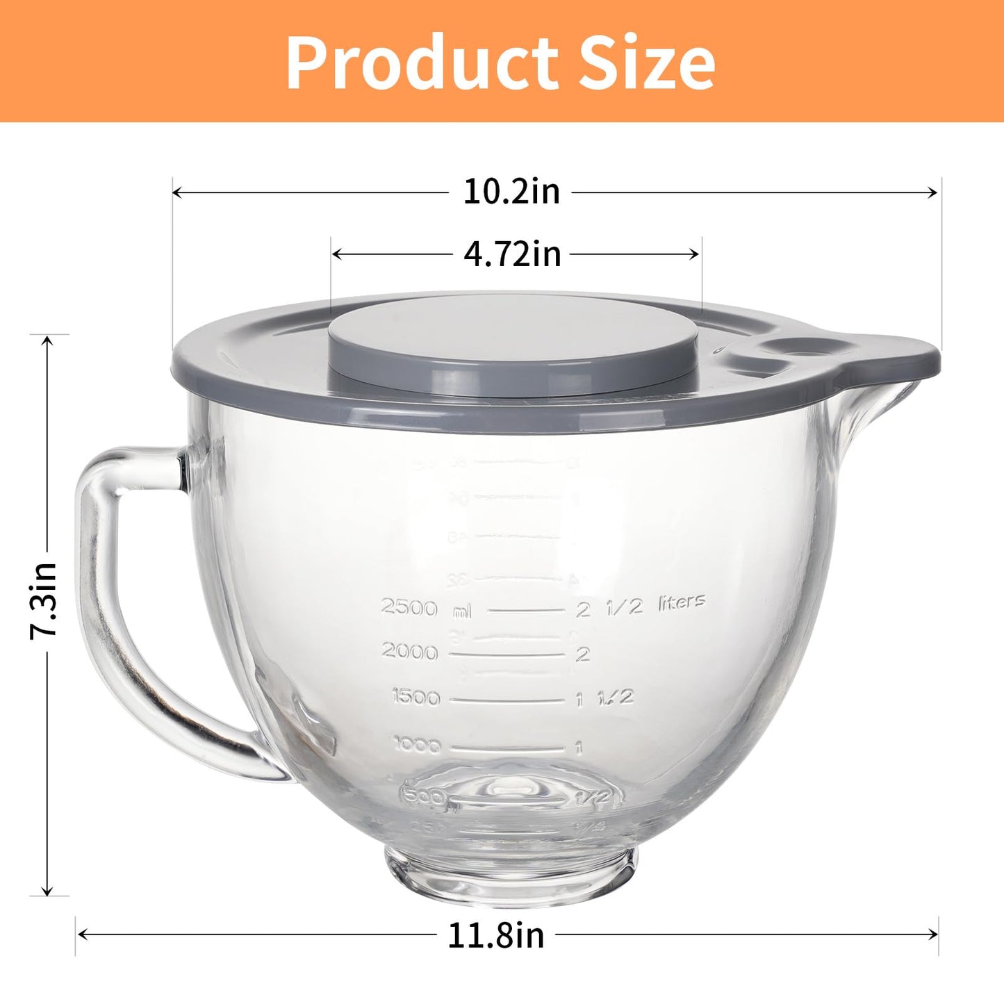 5QT Glass Bowl Compatible with KitchenAid 4.5 and 5-Quart Tilt Stand Mixers,Glass Mixing Bowl with Lid, Measurement Markers and Handle