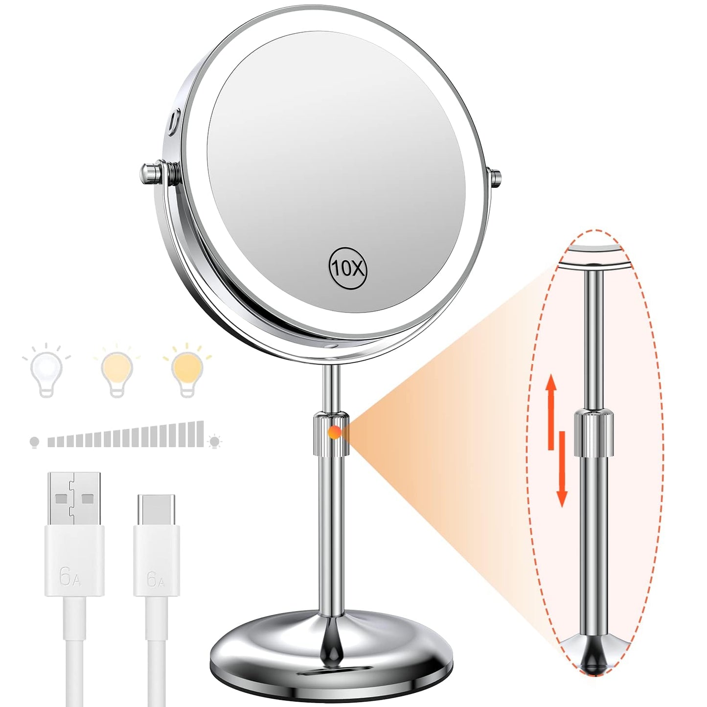 Benbilry Lighted Makeup Mirror with 10X Magnification & 3 Color Lights, Adjustable Brightness & Height, 7 Inch 360° Swivel Rechargeable LED Magnifying Make Up Mirror with Lighting (Silver)