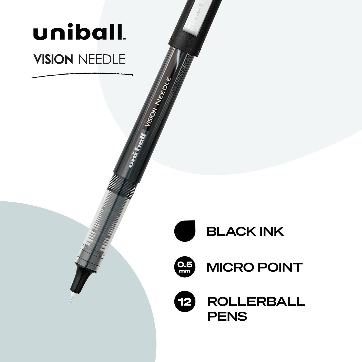 uni-ball VISION NEEDLE Rollerball, Stick Roller Ball Pen Micro-0.5mm, 12 Pack, Black Ink (1734918)