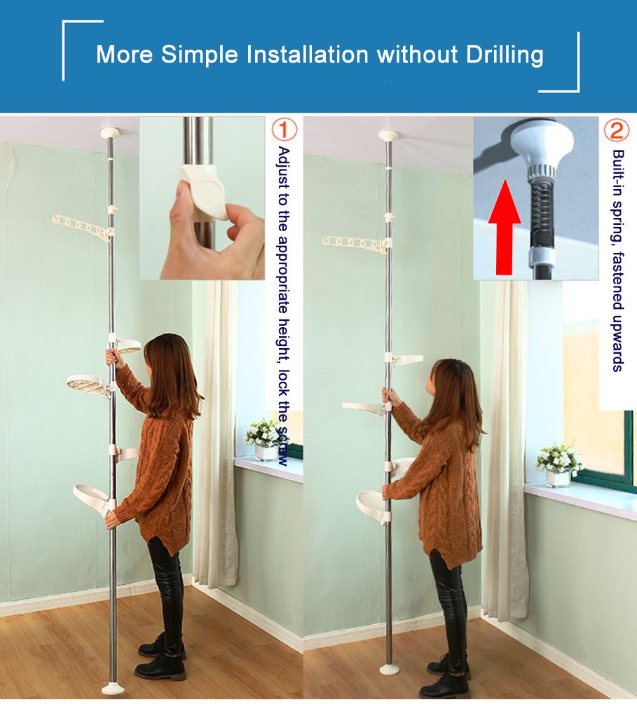 Baoyouni 5-Tier Tension Rod Plant Holder Pole, Flower Display Stand Rack Stainless Steel Decorative Shelf, Ivory