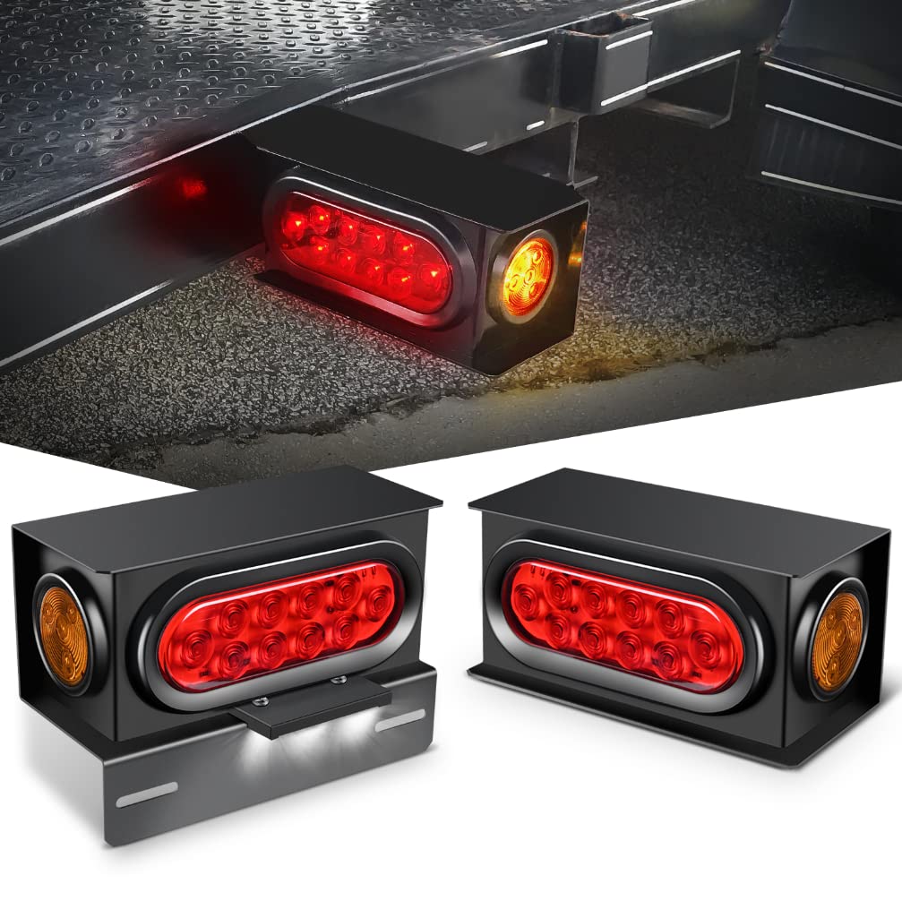 Nilight 2PCS Steel Trailer Light Boxes Housing Kit w/ 6Inch Oval Red Tail Lights 2 Inch Round Amber Side Marker 3LED License Plate Lighting w/Grommet Plugs