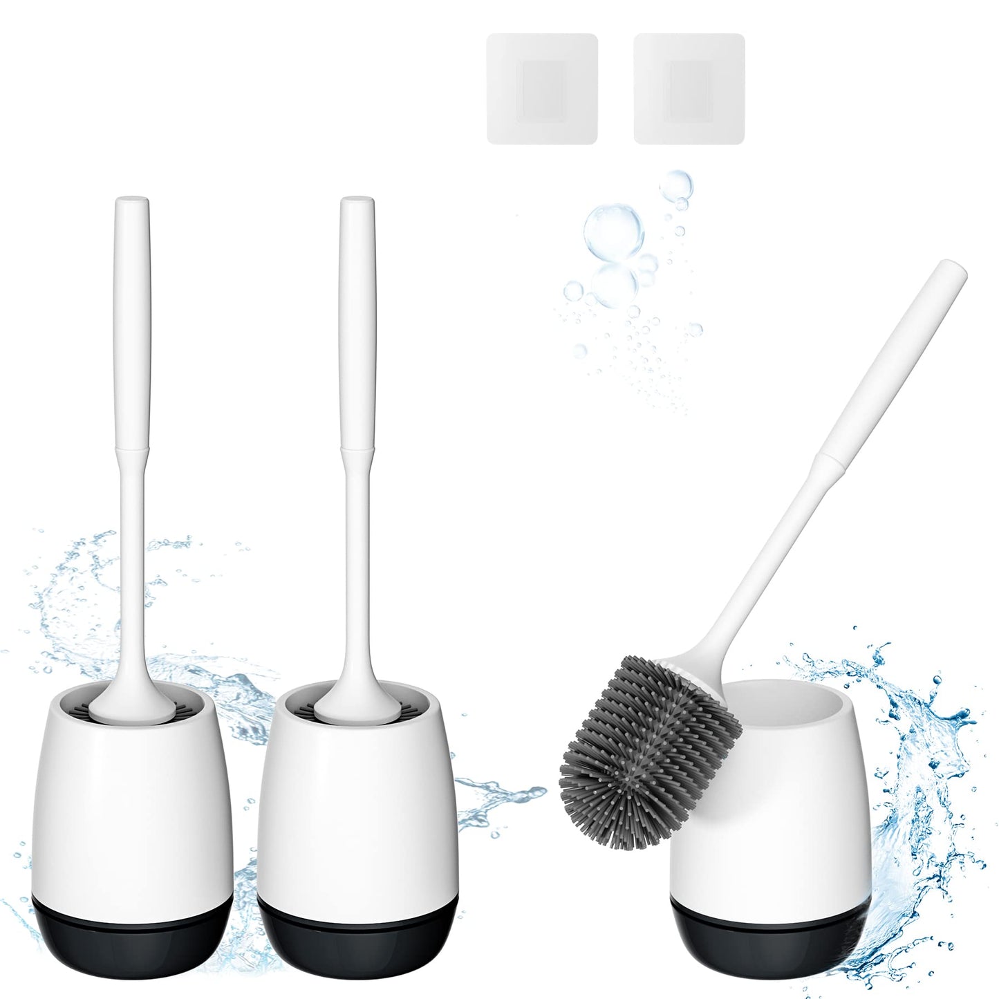 Hibbent 3 Pack Toilet Brush with Ventilated Drying Holder, Silicone Toilet Bowl Brush Bathroom Cleaning Bowl Brush Kit Sturdy Toilet Brush, Floor Standing & Wall Mounted Without Drilling, Black